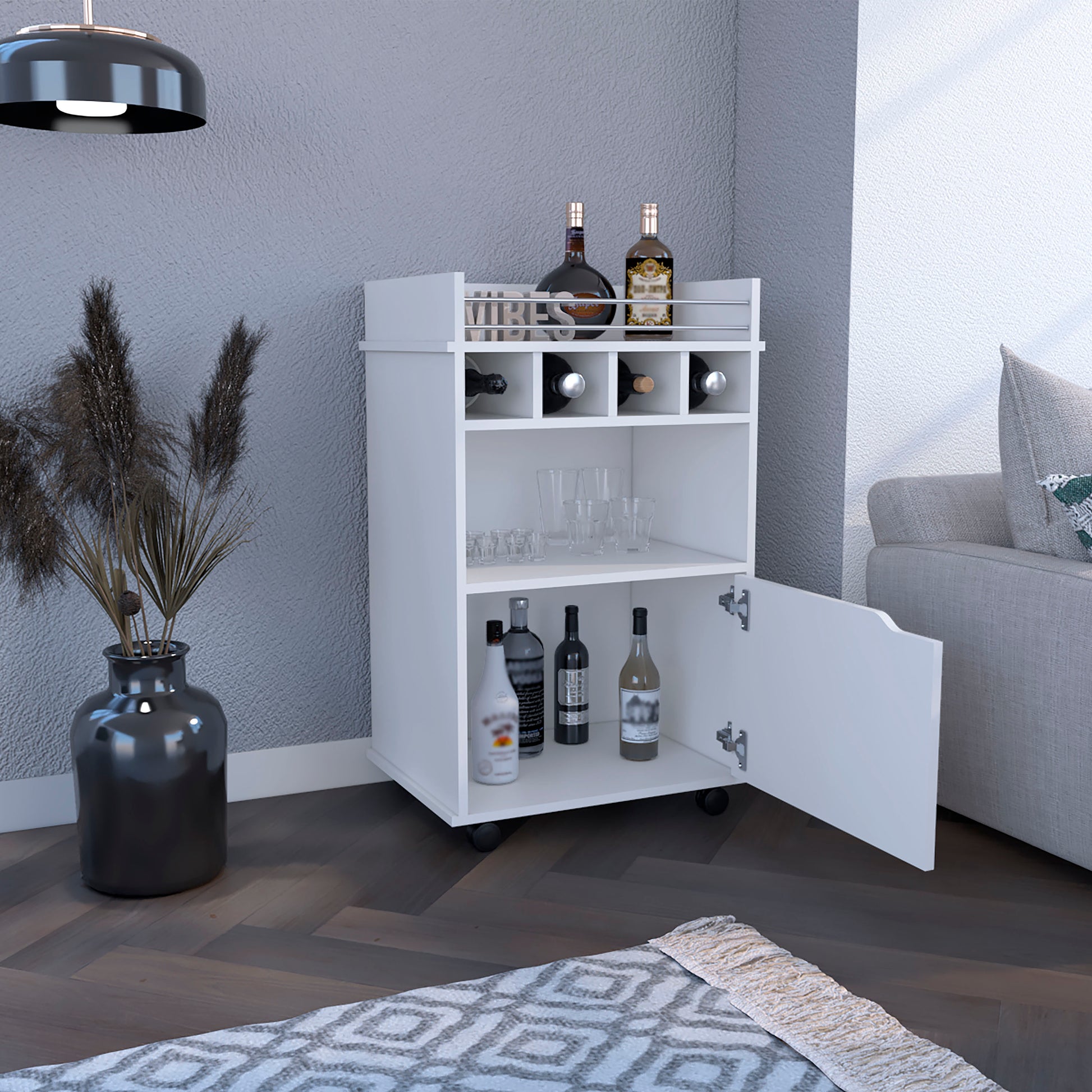 Depot E Shop Sims 35" H Bar Cart With Two Shelves Four Wine Cubbies And One Cabinet,White White Dining Room Modern Rectangular Particle Board Pine Medium 40 55In