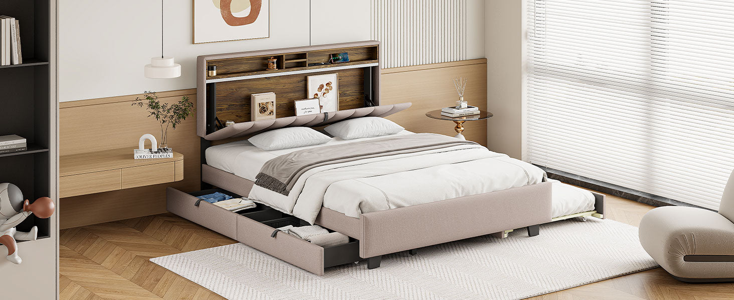 Queen Size Upholstered Platform Bed With Storage Headboard, Twin Xl Size Trundle & 2 Drawers And A Set Of Sockets & Usb Ports, Linen Fabric, Beige Beige Linen