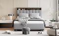 Full Size Upholstered Platform Bed With Storage Headboard, Twin Size Trundle & 2 Drawers And A Set Of Sockets & Usb Ports, Linen Fabric, Gray Gray Linen