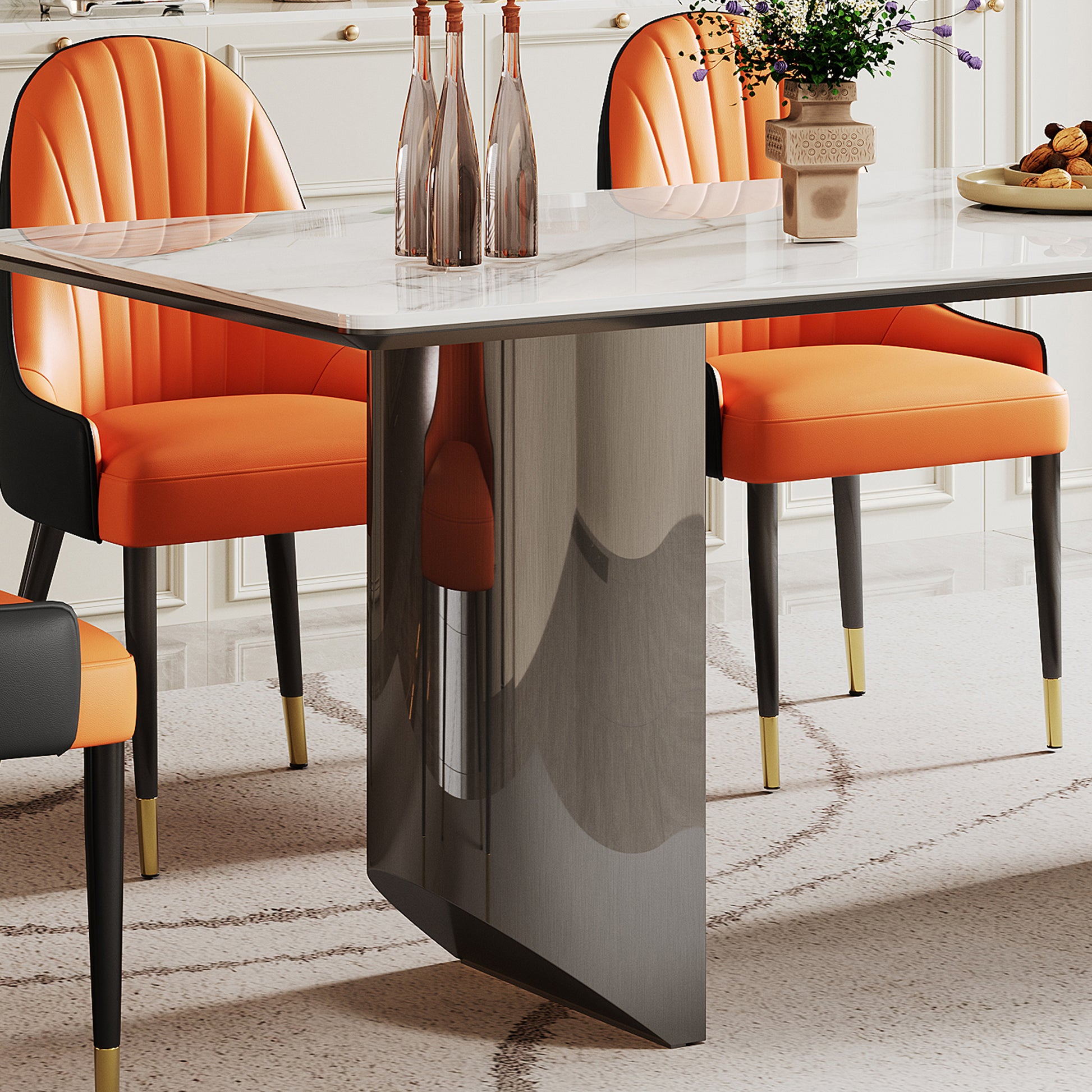 0.47" Thick Sintered Stone Composite Tempered Glass Top Rectangular Dining Table With Stainless Steel Base Black Sintered Stone