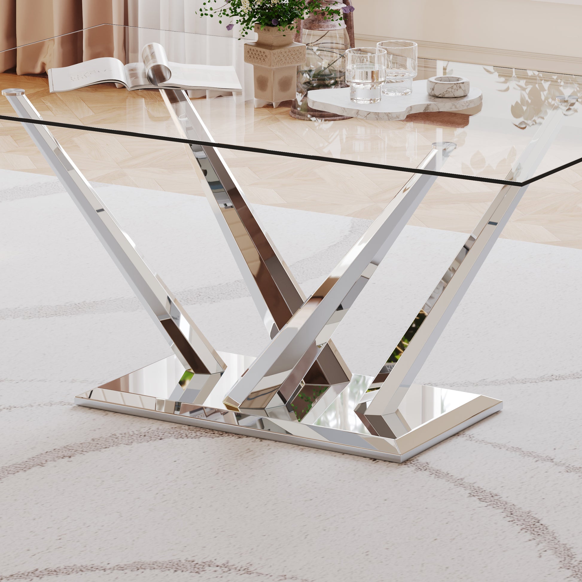 0.39" Thick Tempered Glass Top Rectangular Dining Table With Stainless Steel Base For Dining Room Silver Tempered Glass