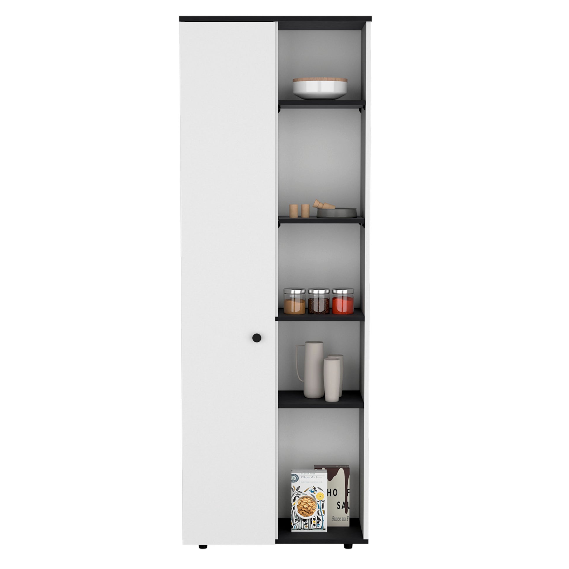 Depot E Shop Cary 67" H Kitchen Storage Cabinet With One Door, Five Interior Shelves And Five Exterior Shelves,White Black White Black Particle Board Pine