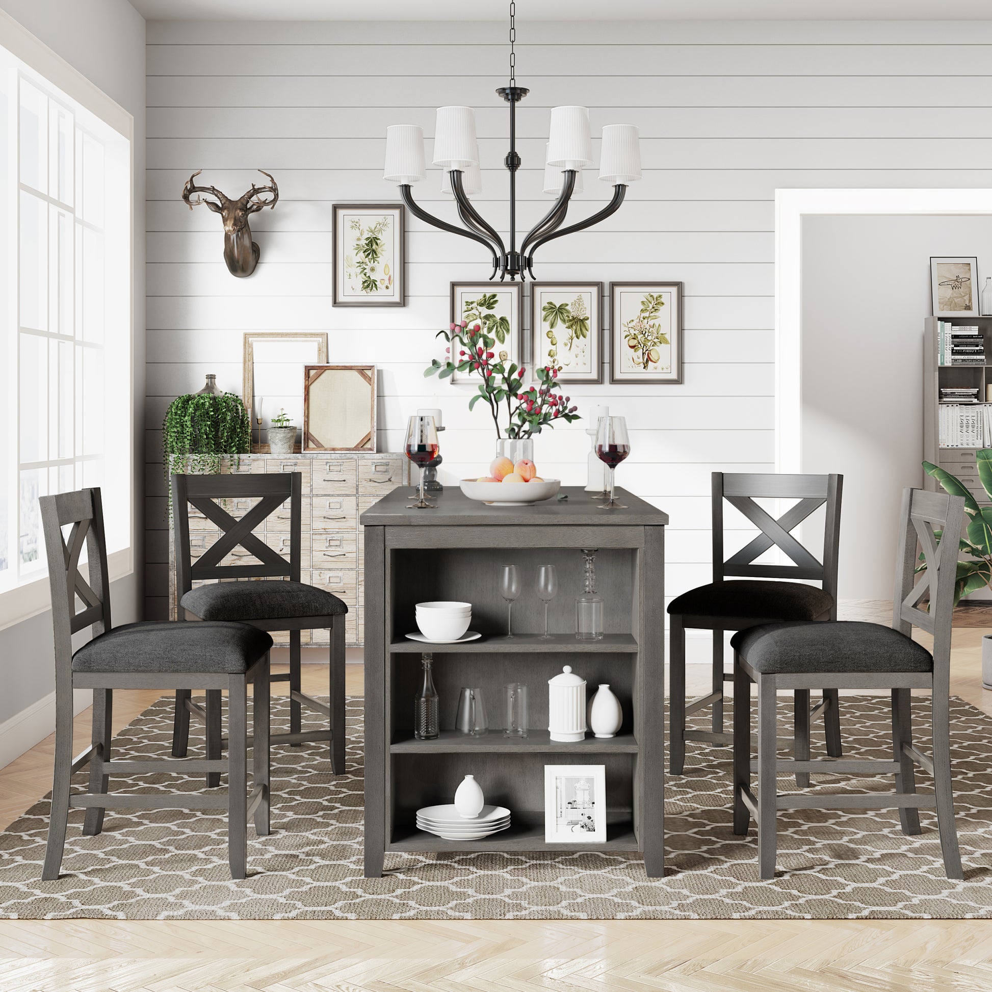 5 Pieces Counter Height Rustic Farmhouse Dining Room Wooden Bar Table Set With 4 Chairs, Gray Gray Wood Dining Room Solid Wood Rubberwood Rectangular Dining Table With Chair Upholstered Chair Wood Gray Solid Back Seats 4 4 Leg Foam Solid Wood