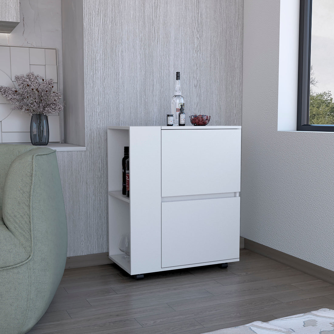 Bar Cart Two Pull Down Door Cabinets And Two Open Shelves,White White Particle Board Pine