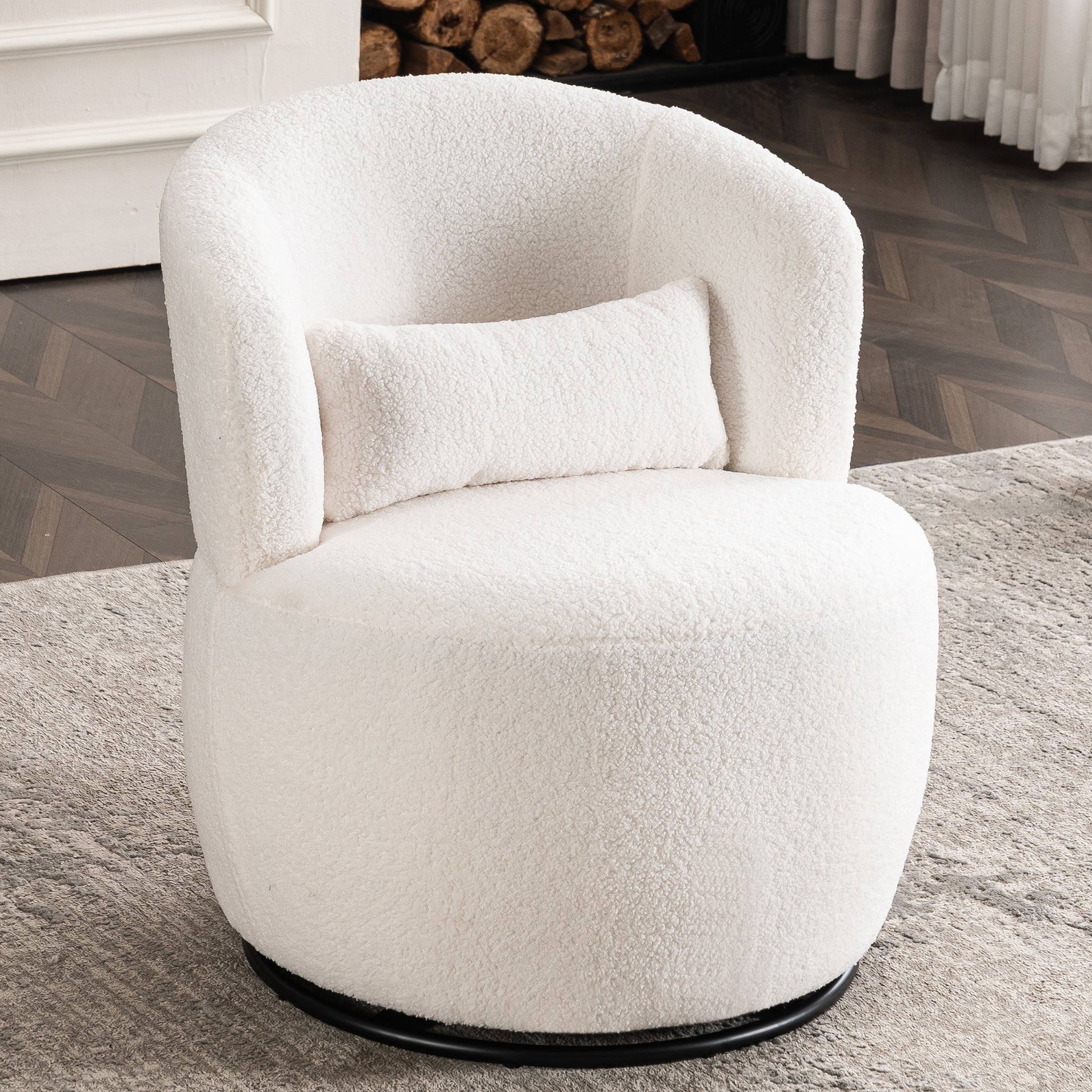 White Plush Swivel Accent Chair Contemporary Round Armchair With 360 R