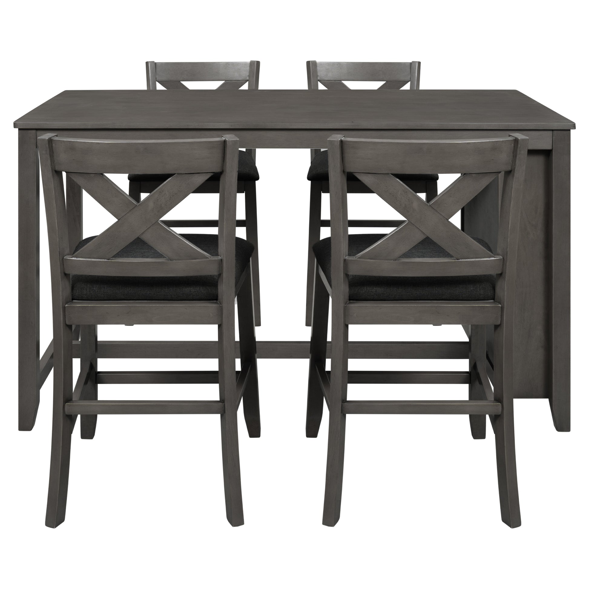 5 Pieces Counter Height Rustic Farmhouse Dining Room Wooden Bar Table Set With 4 Chairs, Gray Gray Wood Dining Room Solid Wood Rubberwood Rectangular Dining Table With Chair Upholstered Chair Wood Gray Solid Back Seats 4 4 Leg Foam Solid Wood