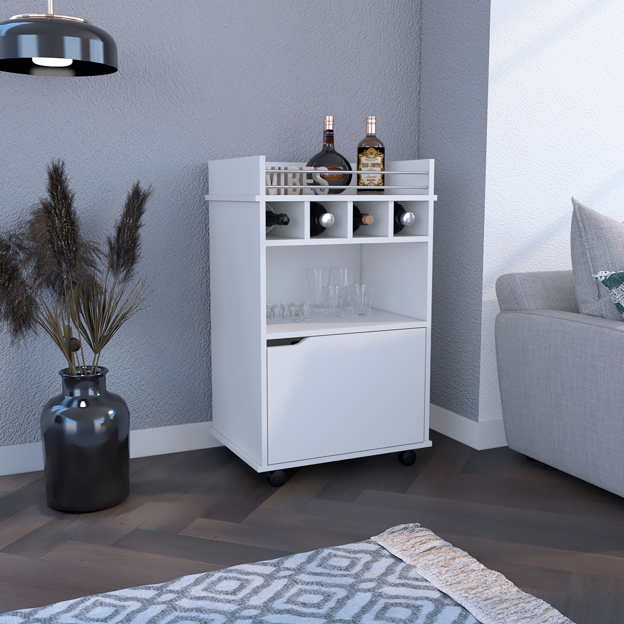 Depot E Shop Sims 35" H Bar Cart With Two Shelves Four Wine Cubbies And One Cabinet,White White Dining Room Modern Rectangular Particle Board Pine Medium 40 55In