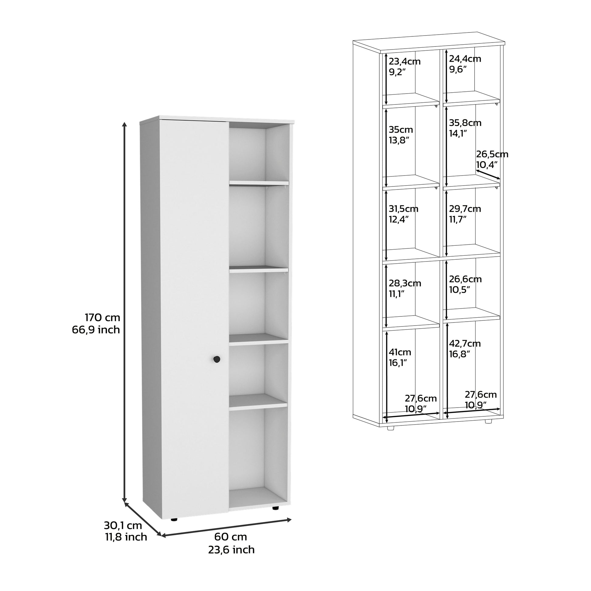 Cary 67" H Kitchen Storage Cabinet With One Door, Five Interior Shelves And Five Exterior Shelves,White White Particle Board Pine