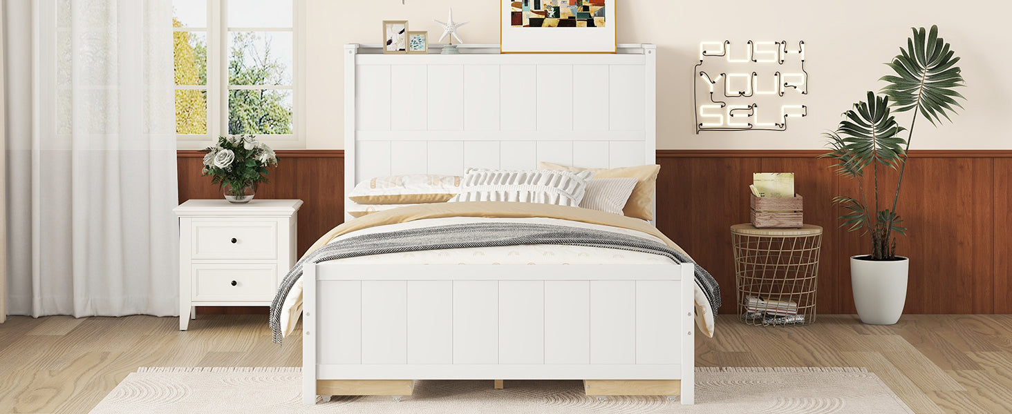 Full Size Platform Bed With Drawers And Storage Shelves, White Antique White Solid Wood Mdf