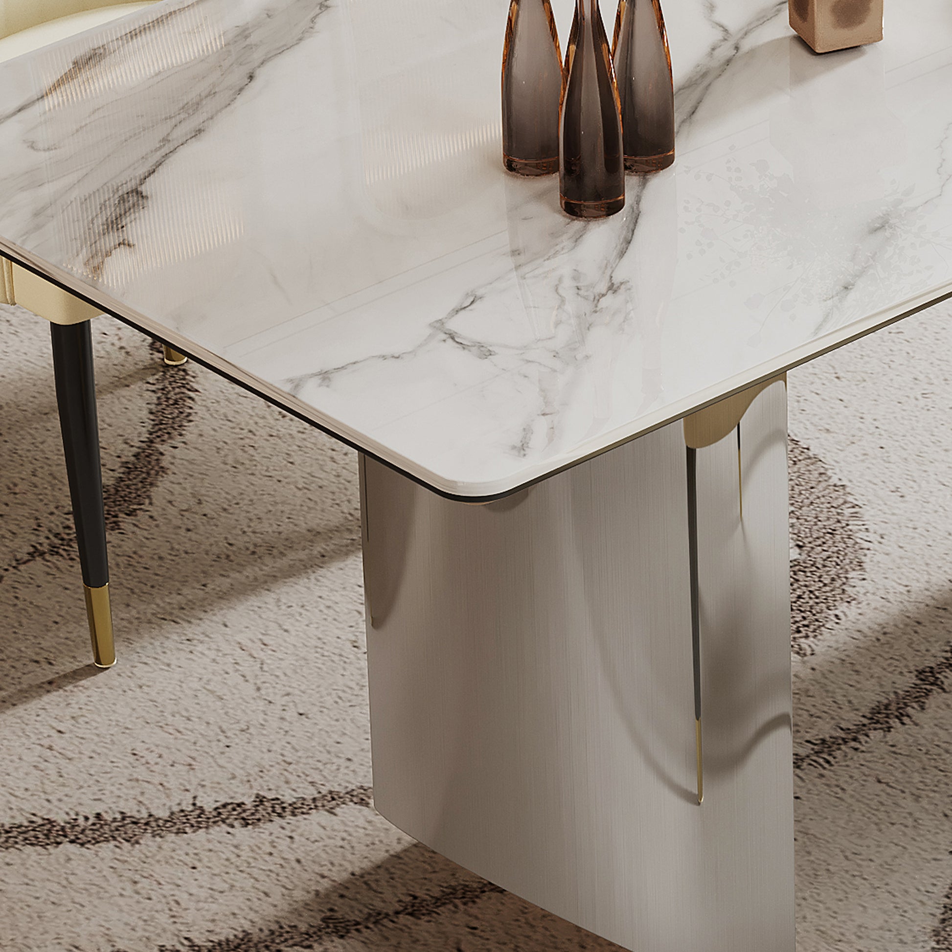 0.47" Thick Sintered Stone Composite Tempered Glass Top Rectangular Dining Table With Stainless Steel Base Silver Sintered Stone