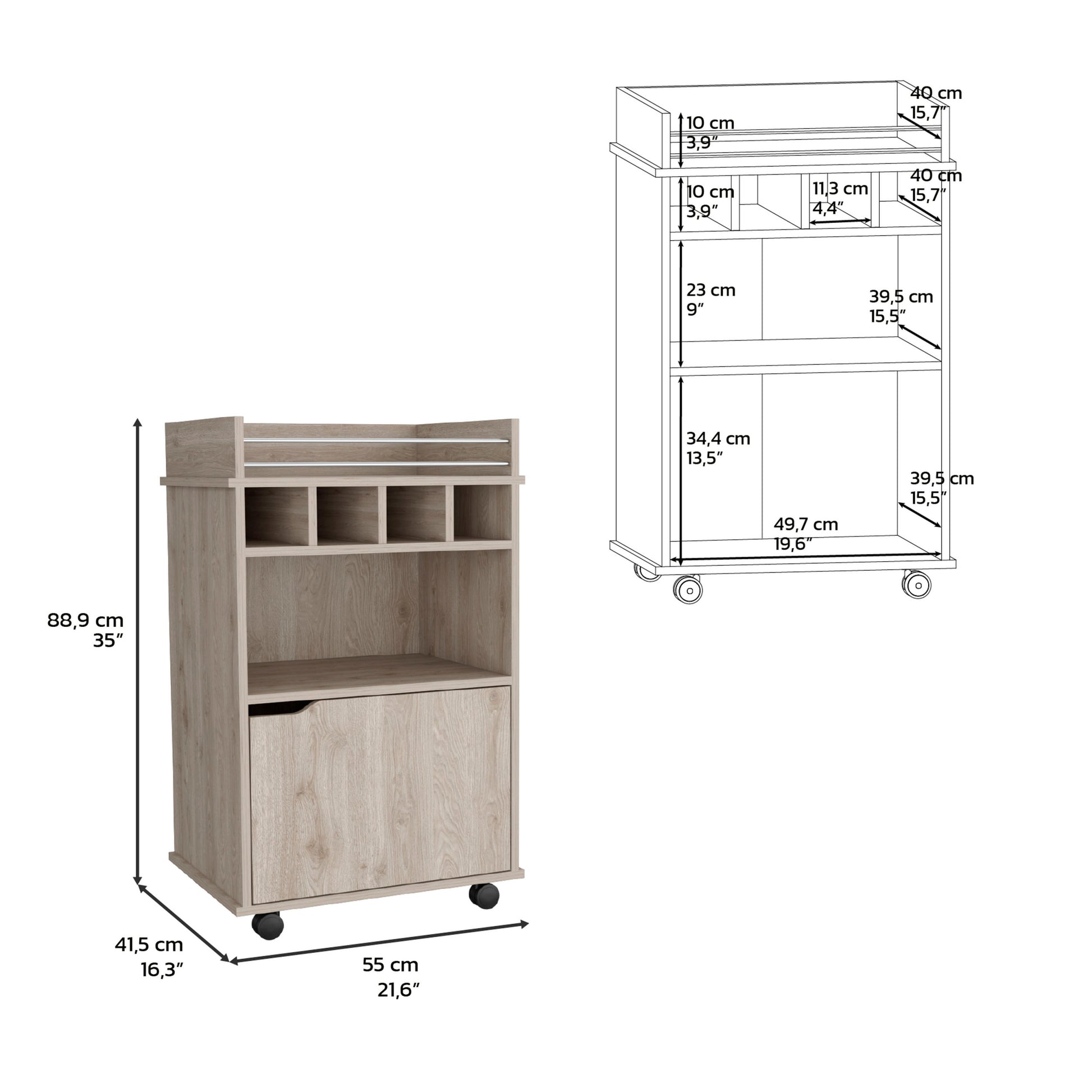 Sims 35" H Bar Cart With Two Shelves Four Wine Cubbies And One Cabinet,Light Pine Beige Particle Board Pine