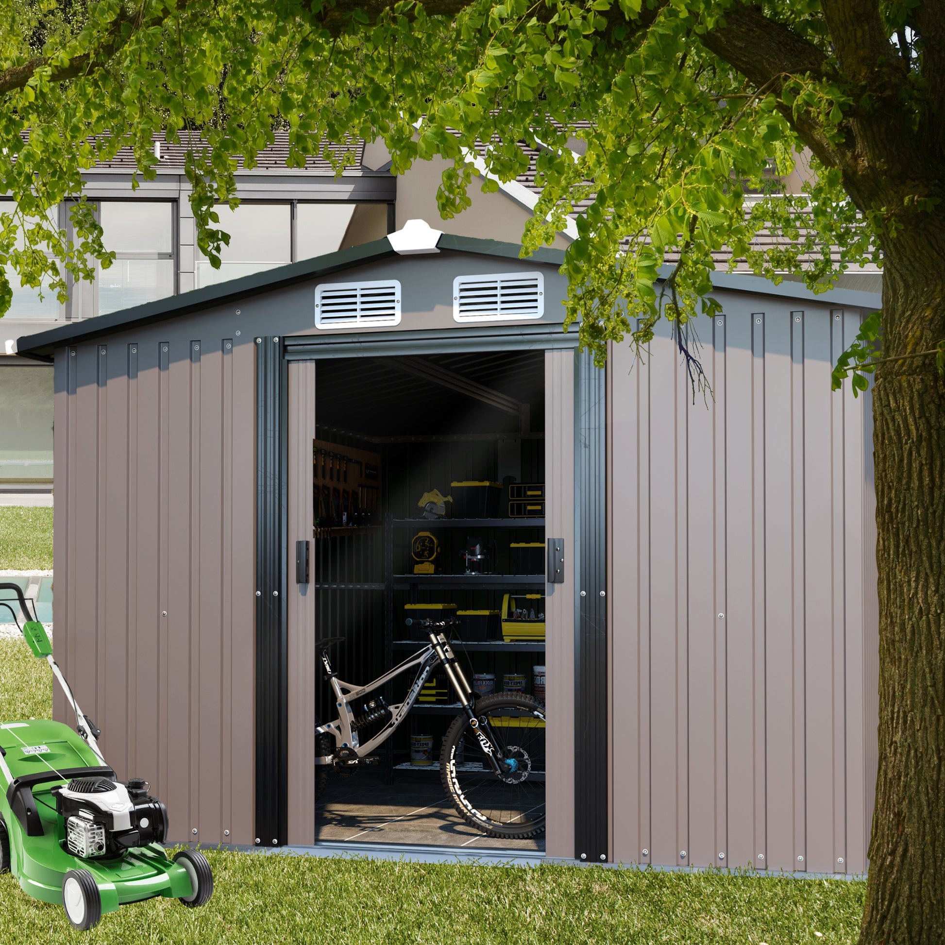 Patio, Lawn & Garden,Metal Outdoor Storage Shed 10Ft X 8Ft, Clearance With Lockable Door Metal Garden Shed Steel Anti Corrosion Storage House Waterproof Tool Shed For Backyard Patio, Lawn And Garden Brown Year Round Use Metal