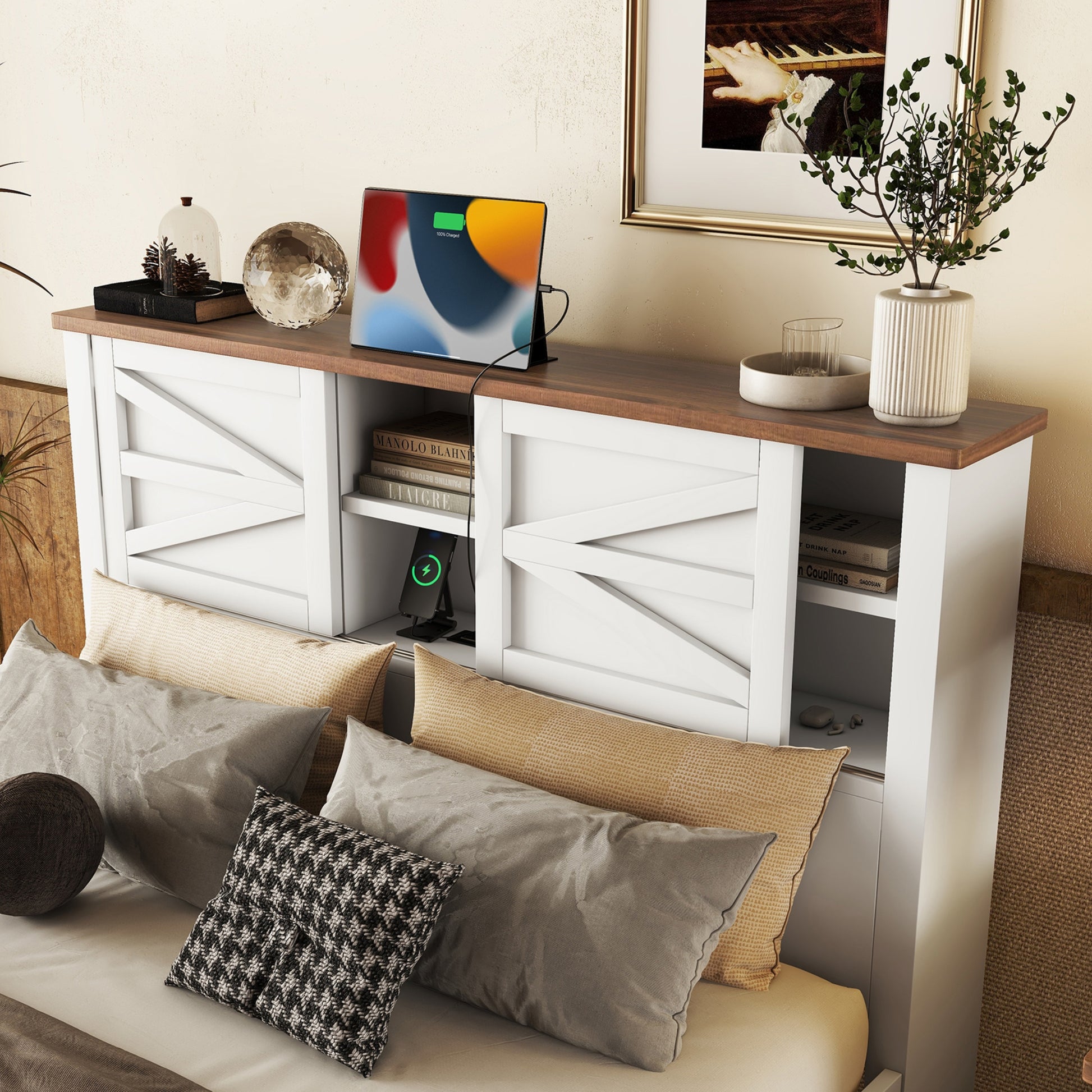 3 Pieces Bedroom Sets Full Size Farmhouse Platform Bed With Double Sliding Door Storage Headboard And Charging Station, Storage Nightstand And Dresser, White Brown Full White 3 Piece Set Particle Board