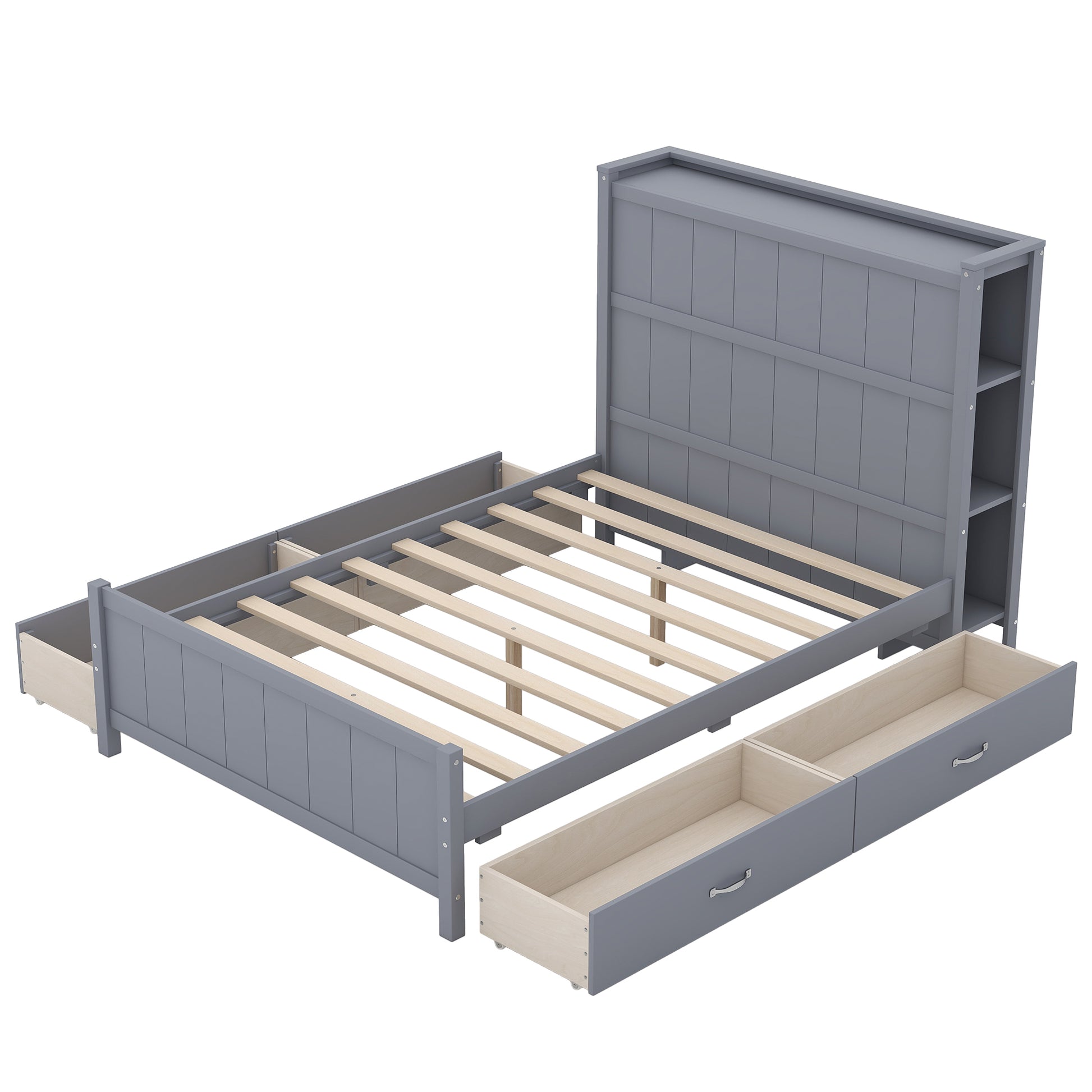 Full Size Platform Bed With Drawers And Storage Shelves, Gray Gray Solid Wood Mdf