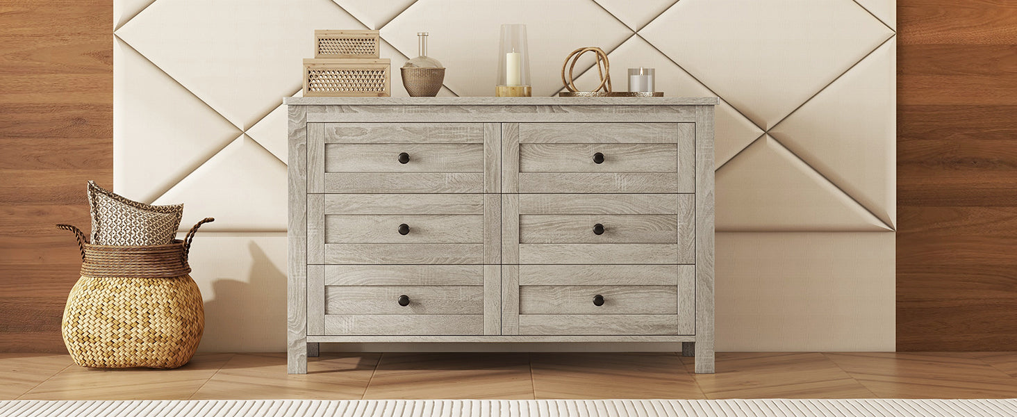 Retro Farmhouse Style Wooden Dresser With 6 Drawer, Storage Cabinet For Bedroom, Anitque Gray Antique Gray Particle Board