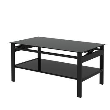 Glass Lift Top Coffee Table, Modern Simple 2 Layer Tempered Glass Coffee Table For Living Room, Black Black Glass Metal