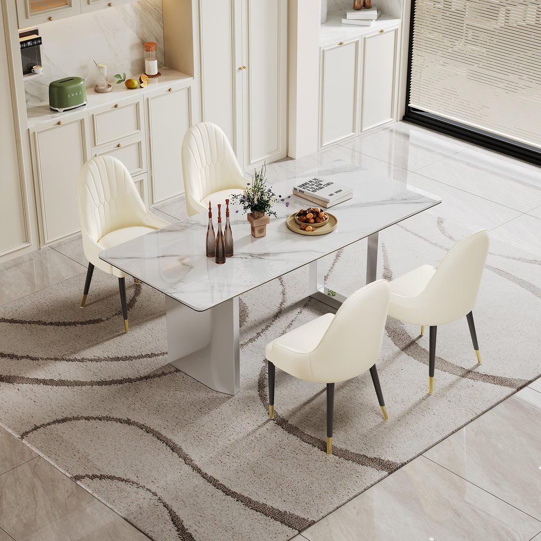 0.47" Thick Sintered Stone Composite Tempered Glass Top Rectangular Dining Table With Stainless Steel Base Gold Sintered Stone