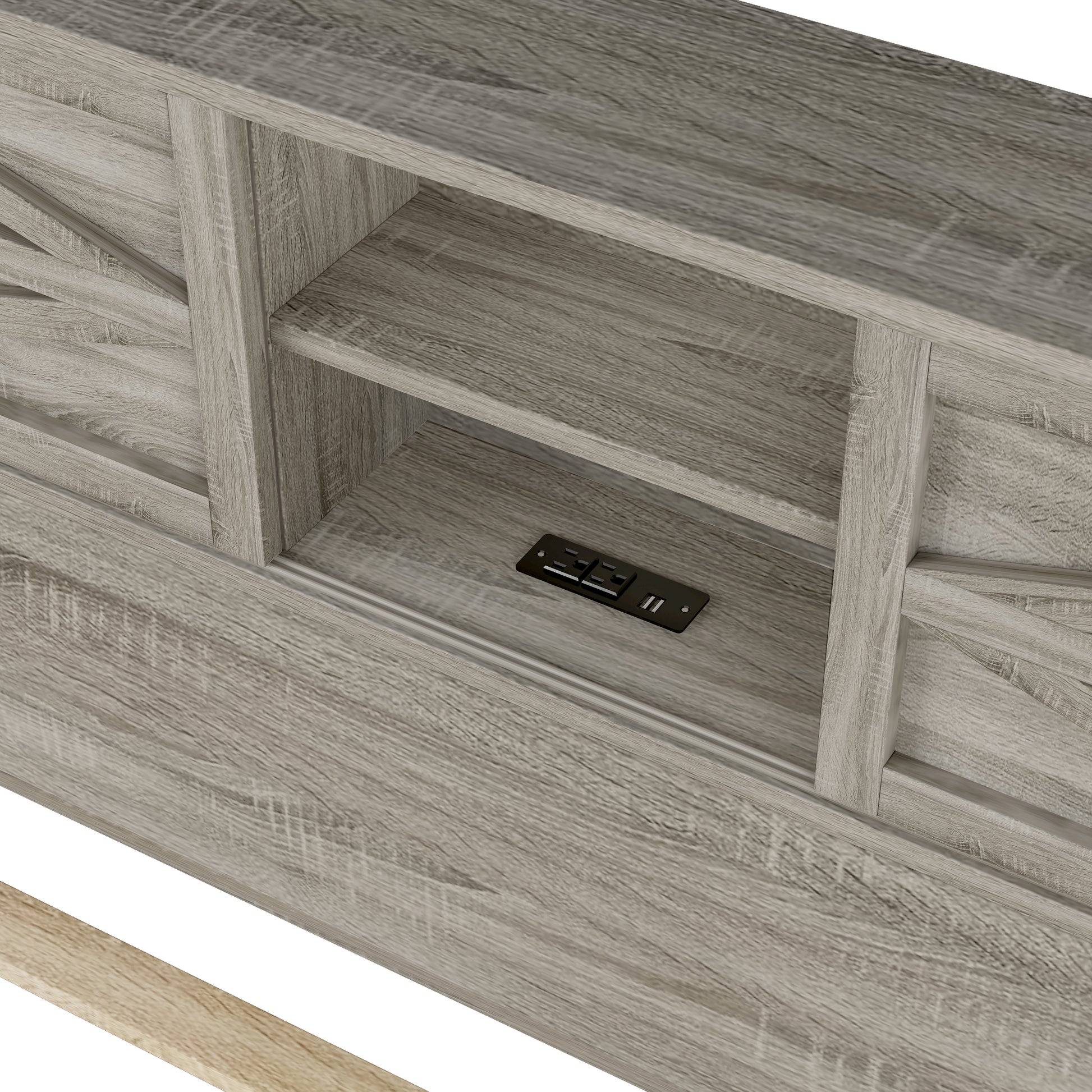 Farmhouse Platform Bed With Double Sliding Barn Door, Full Size Rustic Wood Bed Withcharging Station, Wood Slats Support, Antique Gray Antique Gray Particle Board