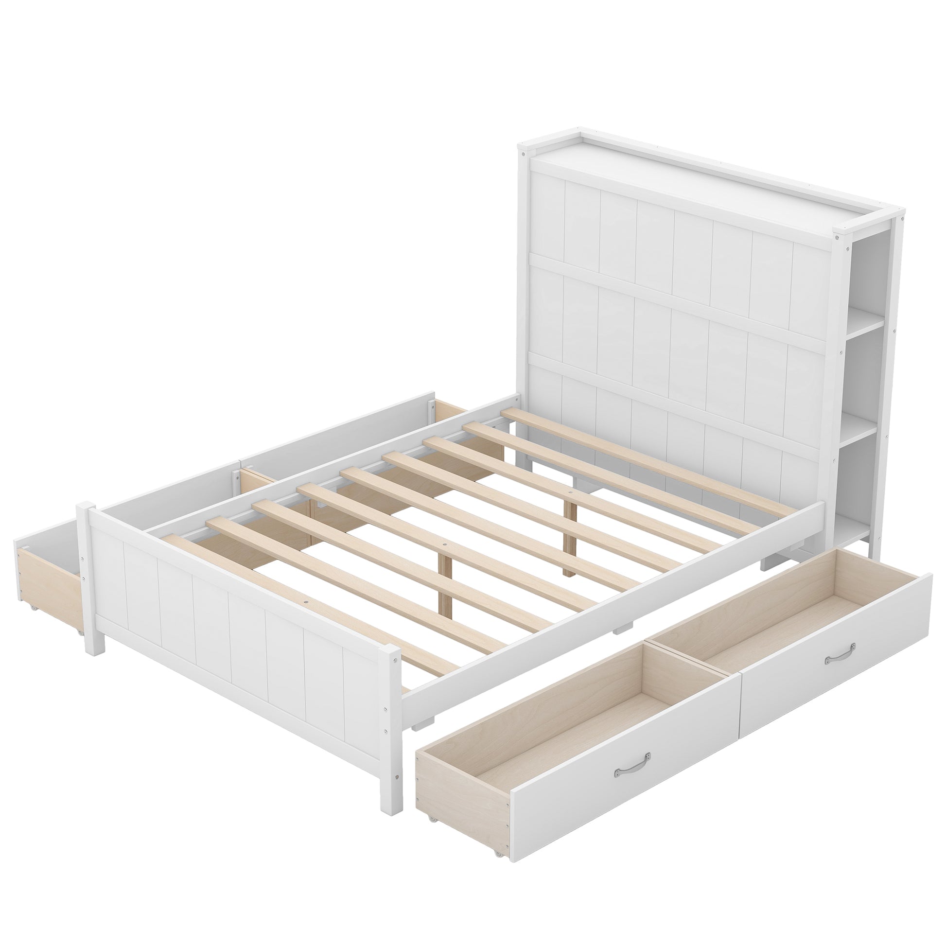 Full Size Platform Bed With Drawers And Storage Shelves, White Antique White Solid Wood Mdf