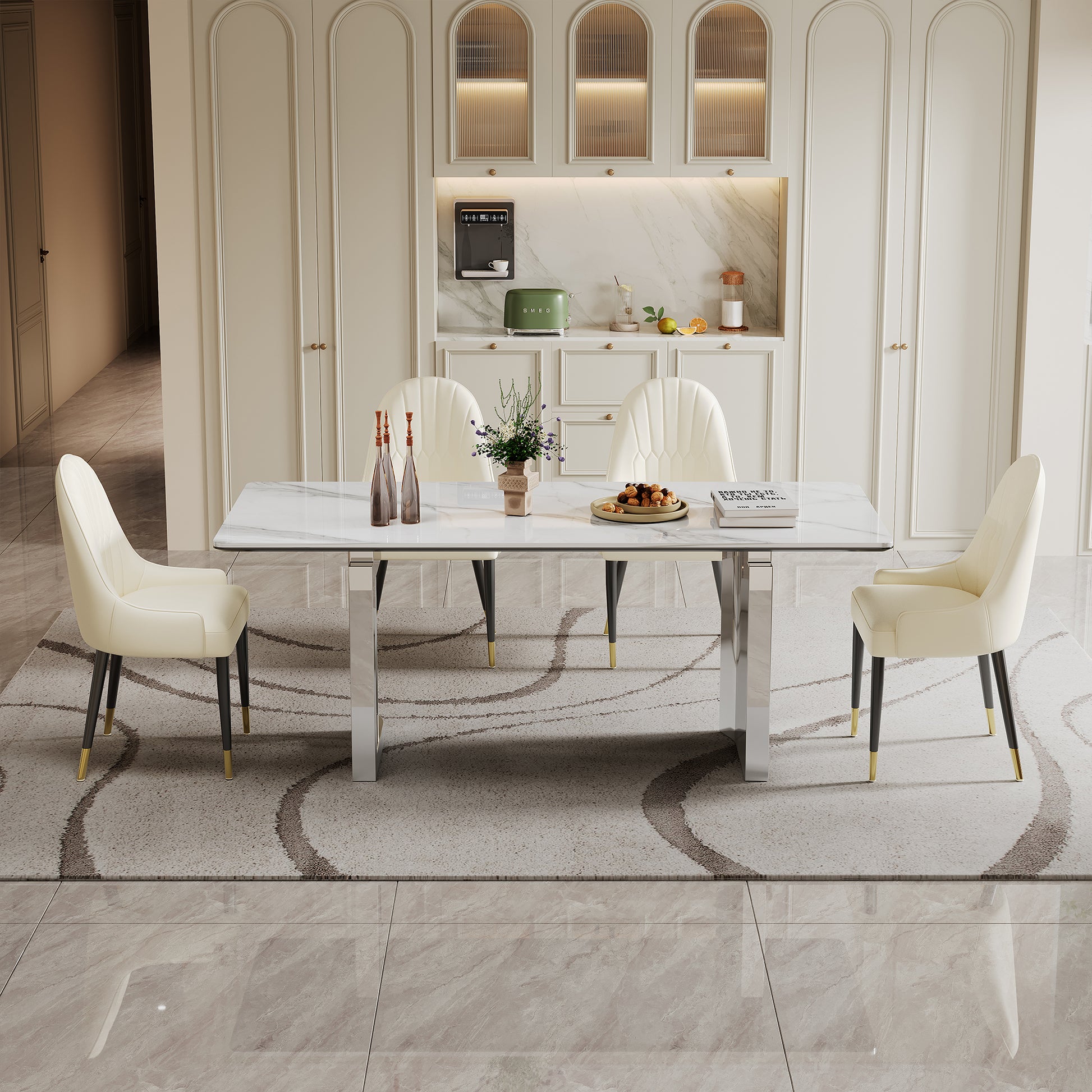 0.47" Thick Sintered Stone Composite Tempered Glass Top Rectangular Dining Table With Stainless Steel Base Gold Sintered Stone