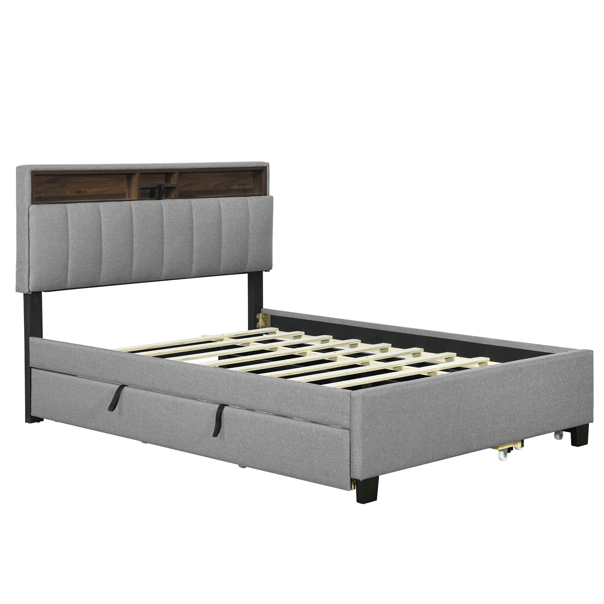 Full Size Upholstered Platform Bed With Storage Headboard, Twin Size Trundle & 2 Drawers And A Set Of Sockets & Usb Ports, Linen Fabric, Gray Gray Linen