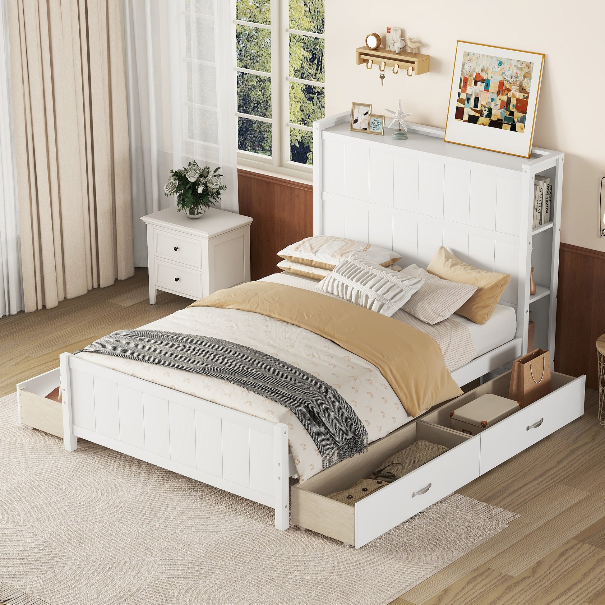 Full Size Platform Bed With Drawers And Storage Shelves, White Antique White Solid Wood Mdf