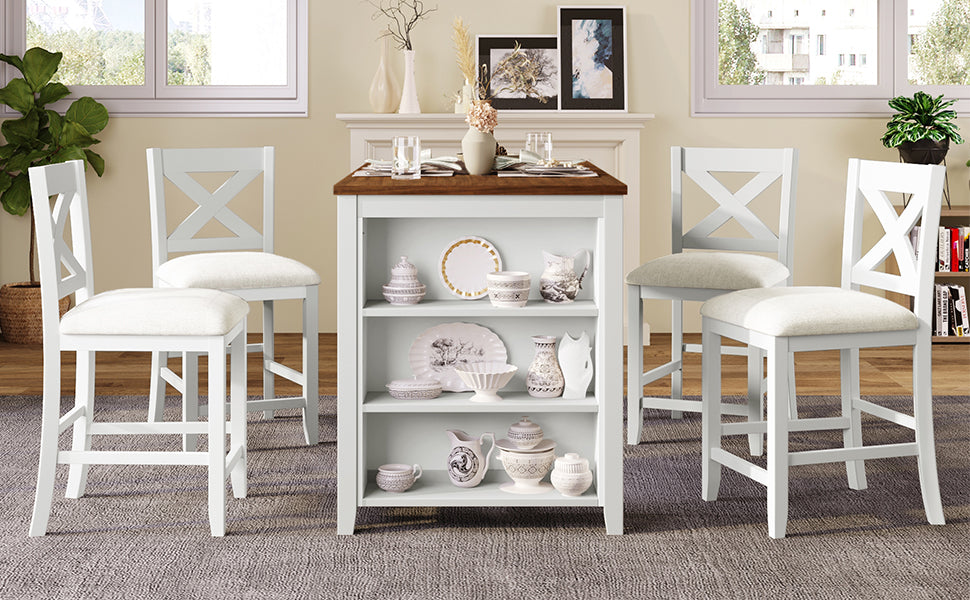 5 Pieces Counter Height Rustic Farmhouse Dining Room Wooden Bar Table Set With 4 Chairs, White White Wood Dining Room Solid Wood Rubberwood Rectangular Dining Table With Chair Upholstered Chair Wood White Solid Back Seats 4 4 Leg Foam Solid Wood