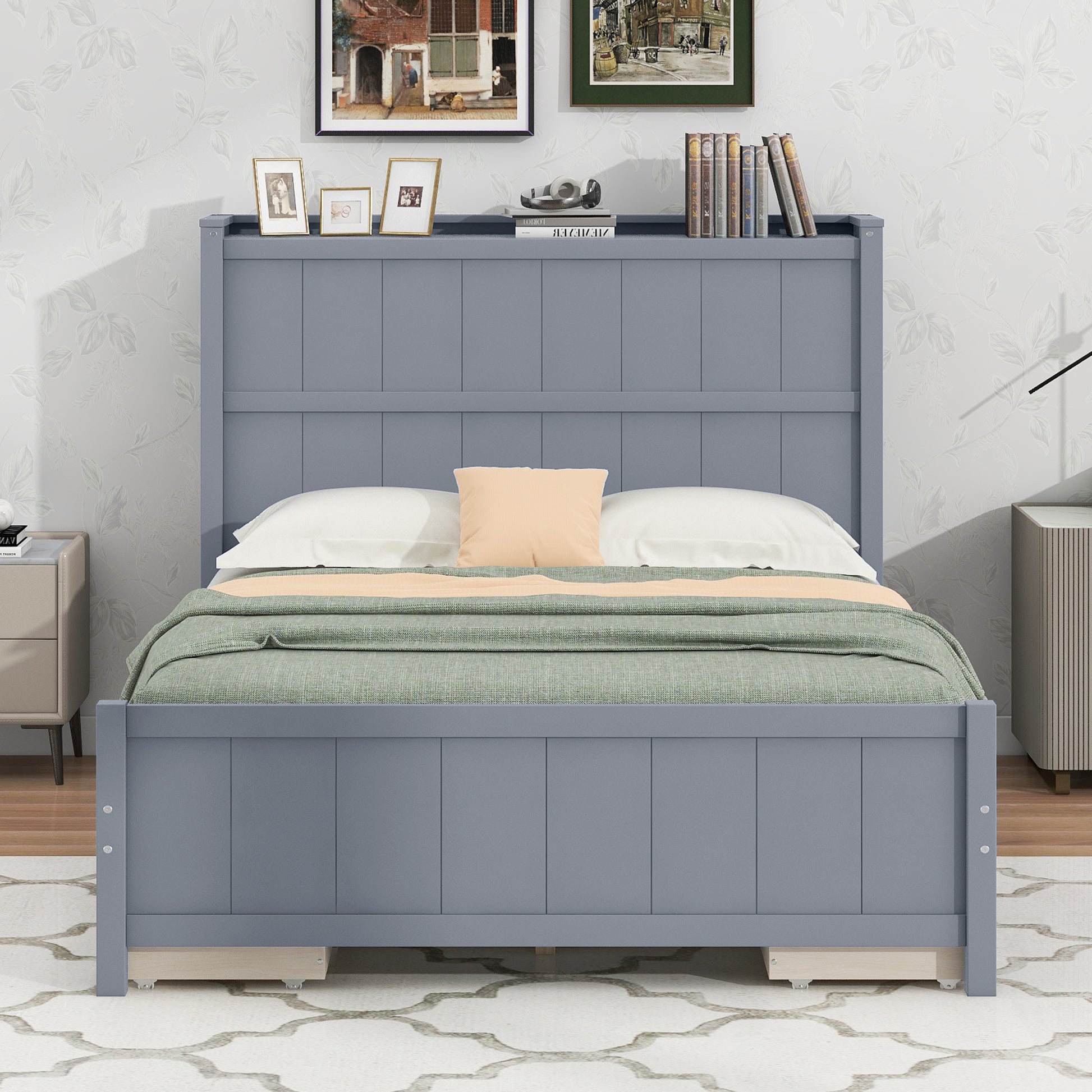 Full Size Platform Bed With Drawers And Storage Shelves, Gray Gray Solid Wood Mdf