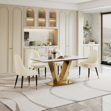 0.47" Thick Sintered Stone Composite Tempered Glass Top Dining Table With V Shape Stainless Steel Base Gold Sintered Stone
