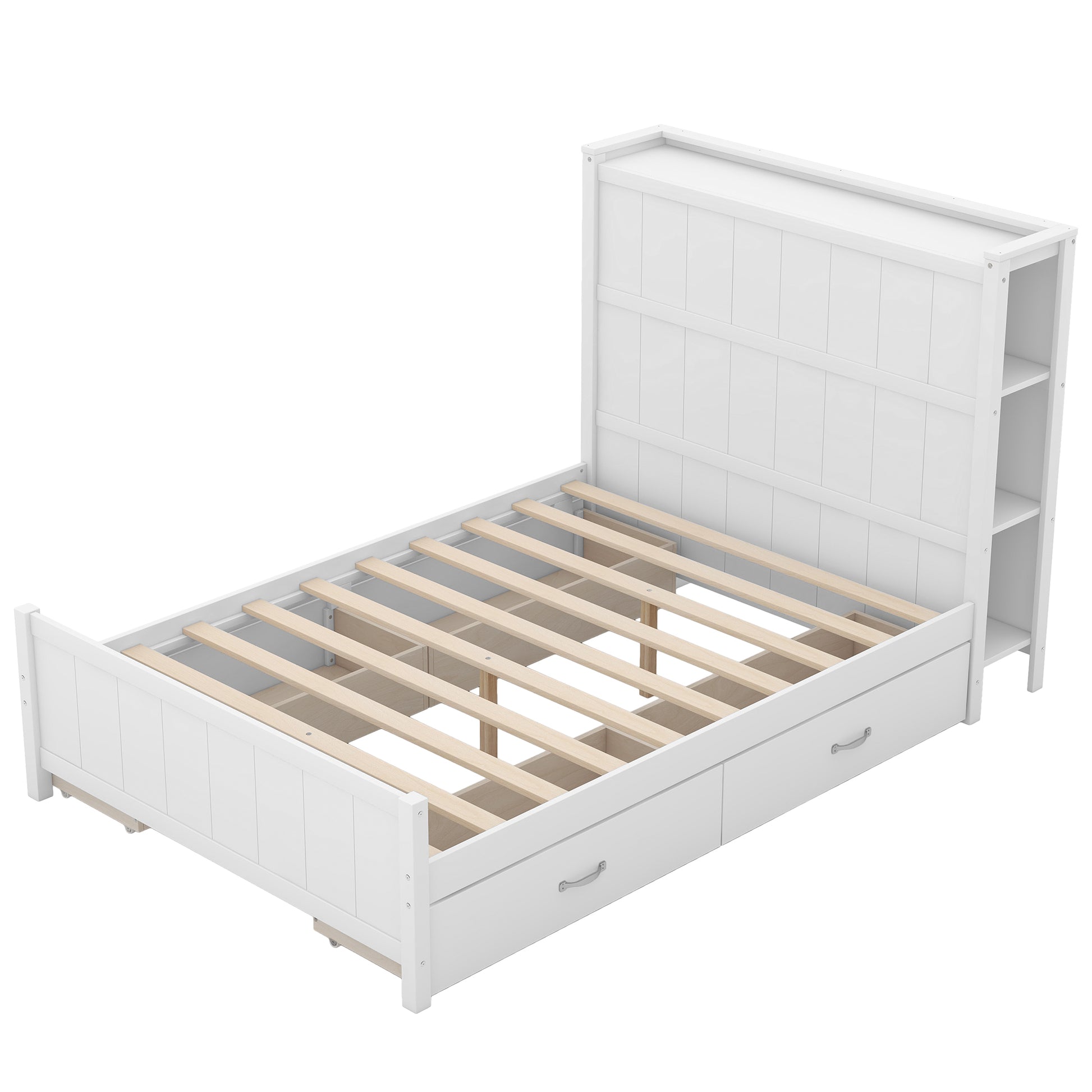 Full Size Platform Bed With Drawers And Storage Shelves, White Antique White Solid Wood Mdf