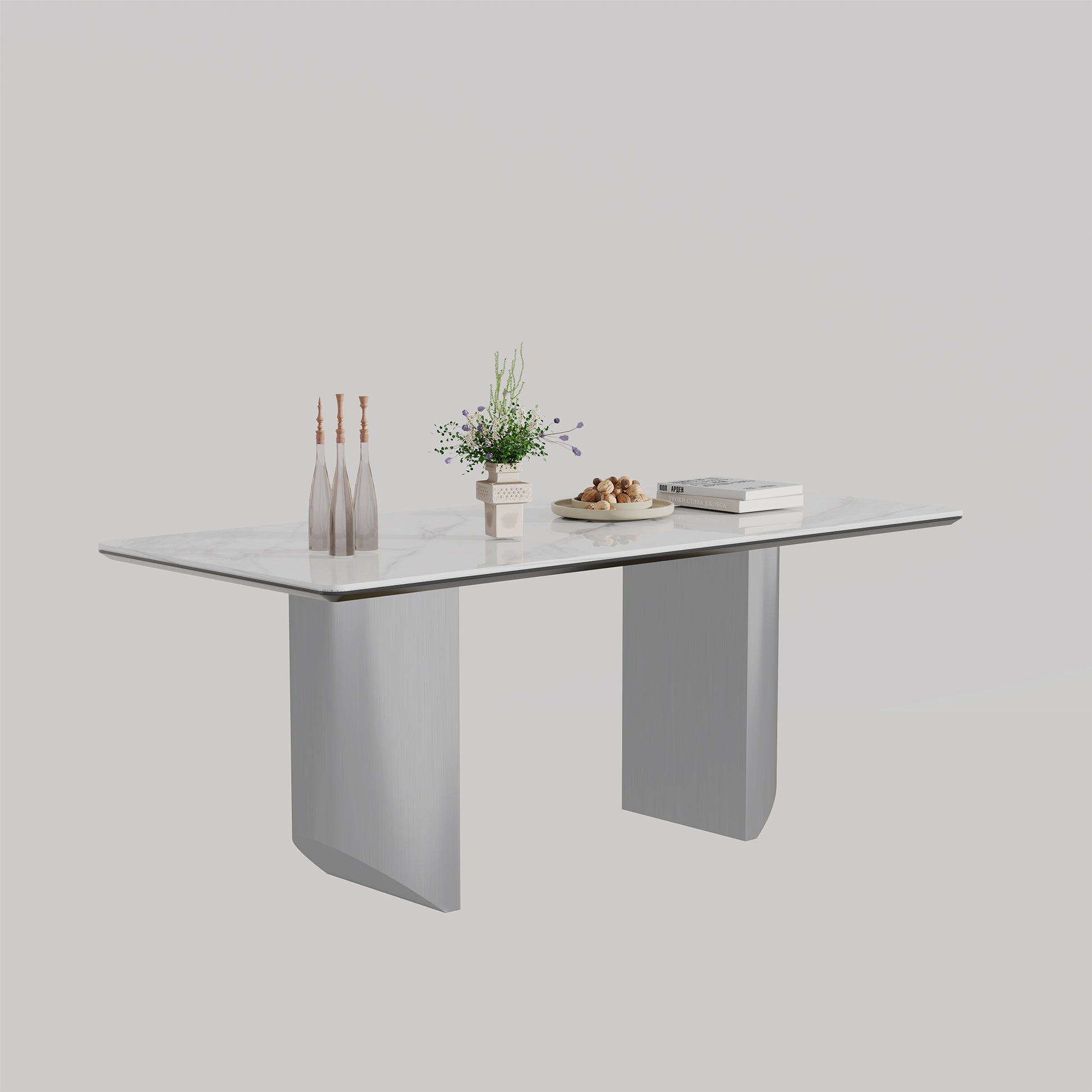0.47" Thick Sintered Stone Composite Tempered Glass Top Rectangular Dining Table With Stainless Steel Base Silver Sintered Stone