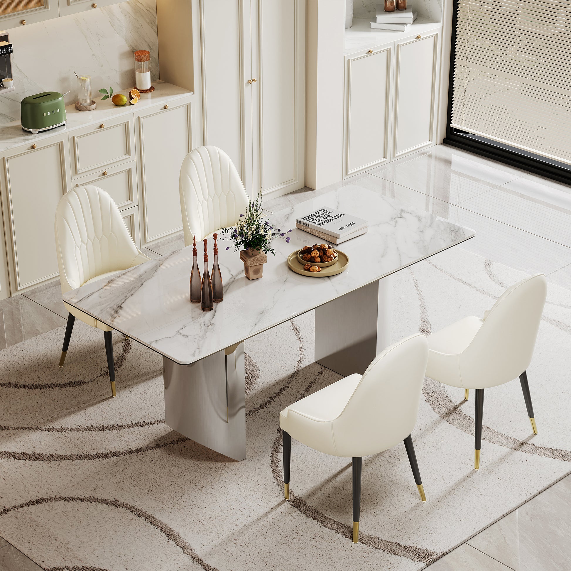 0.47" Thick Sintered Stone Composite Tempered Glass Top Rectangular Dining Table With Stainless Steel Base Silver Sintered Stone