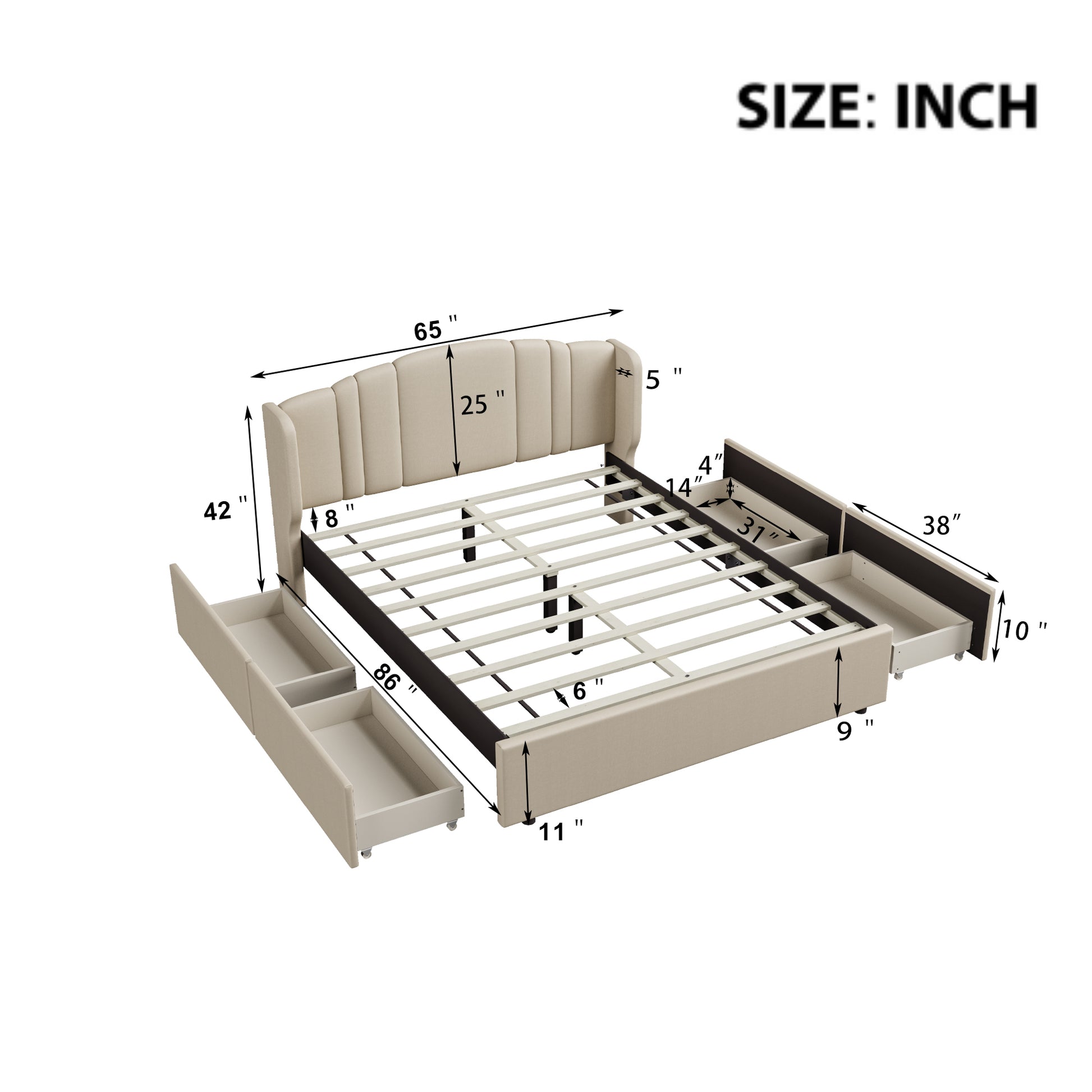 Upholstered Platform Bed With Wingback Headboard And 4 Drawers, No Box Spring Needed, Linen Fabric, Queen Size Beige Beige Upholstered