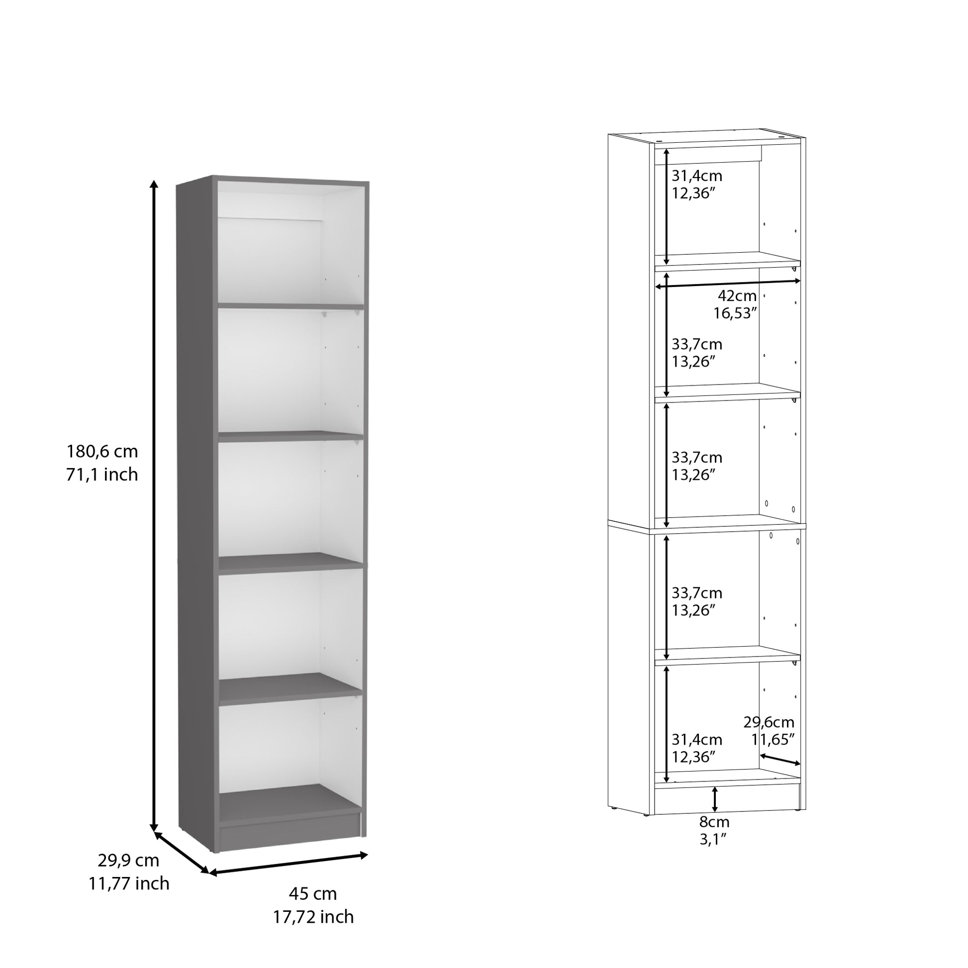 Vinton Xs Bookcase Compact Bookshelf With Multiple Shelves, Matt Gray White Multicolor Particle Board Pine