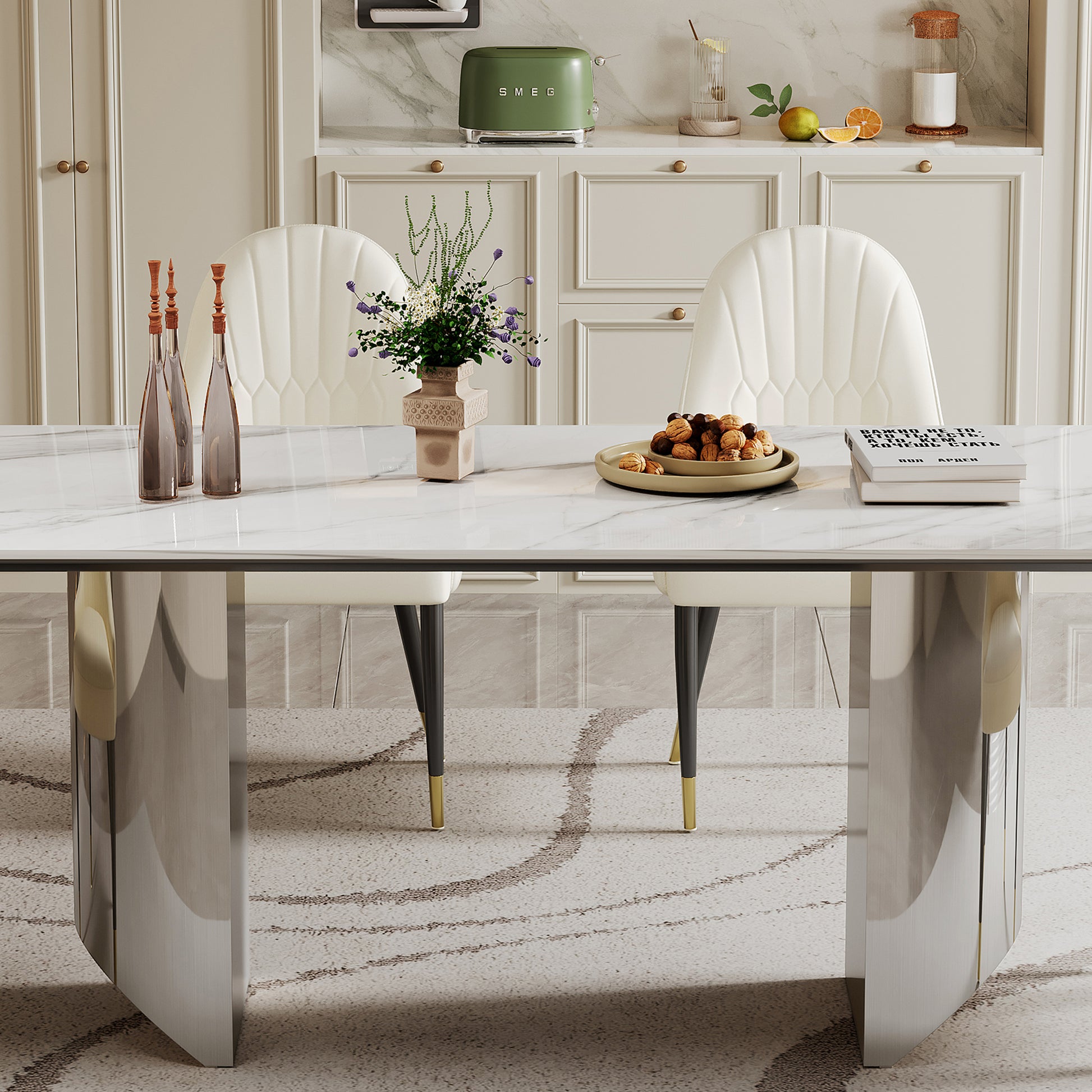 0.47" Thick Sintered Stone Composite Tempered Glass Top Rectangular Dining Table With Stainless Steel Base Silver Sintered Stone