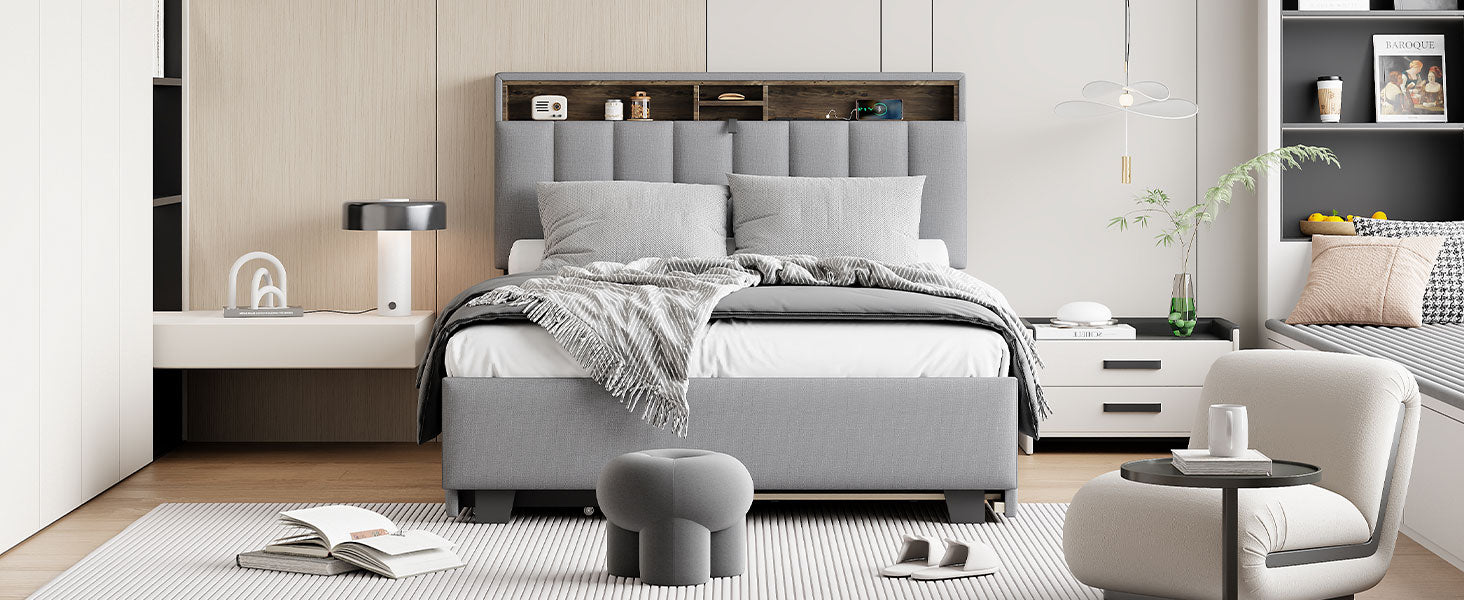 Full Size Upholstered Platform Bed With Storage Headboard, Twin Size Trundle & 2 Drawers And A Set Of Sockets & Usb Ports, Linen Fabric, Gray Gray Linen