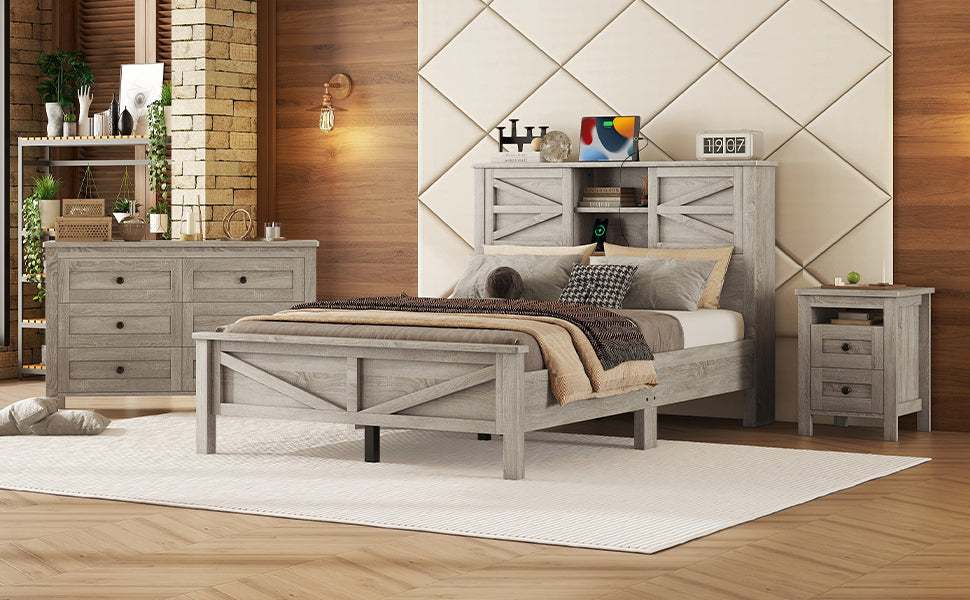 3 Pieces Bedroom Sets Full Size Farmhouse Platform Bed With Double Sliding Door Storage Headboard And Charging Station, Storage Nightstand And Dresser, Antique Gray Full Antique Gray 3 Piece Set Particle Board