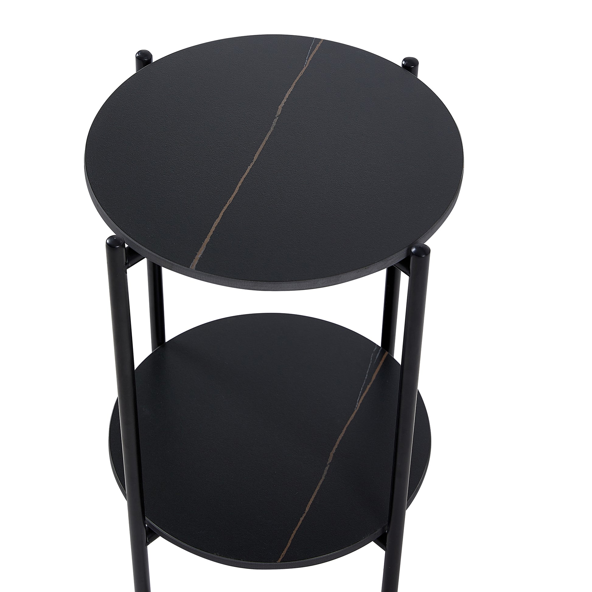 2 Layer End Table With Whole Marble Tabletop, Round Coffee Table With Black Metal Frame For Bedroom Living Room Office Black,1 Piece Black Metal Stone