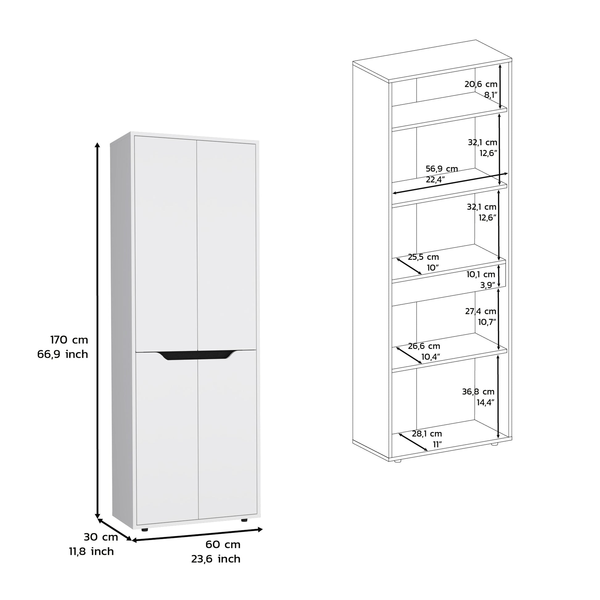 Depot E Shop Atka 67"H Kitchen Storage Cabinet, With Four Doors And Five Interior Shelves,White Black White Black Particle Board Pine