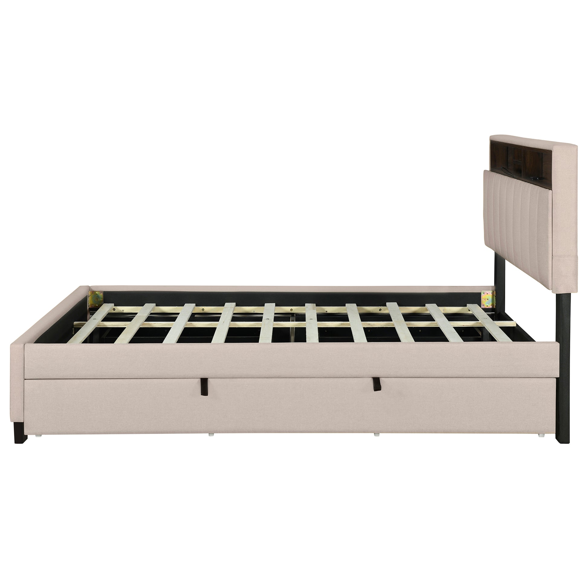 Queen Size Upholstered Platform Bed With Storage Headboard, Twin Xl Size Trundle & 2 Drawers And A Set Of Sockets & Usb Ports, Linen Fabric, Beige Beige Linen