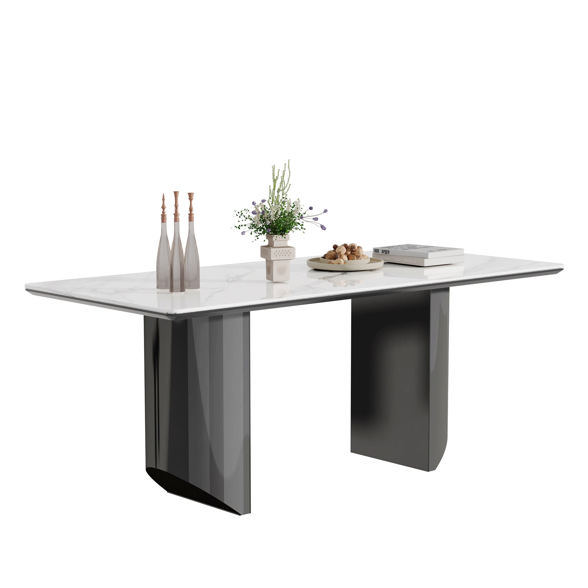 0.47" Thick Sintered Stone Composite Tempered Glass Top Rectangular Dining Table With Stainless Steel Base Black Sintered Stone