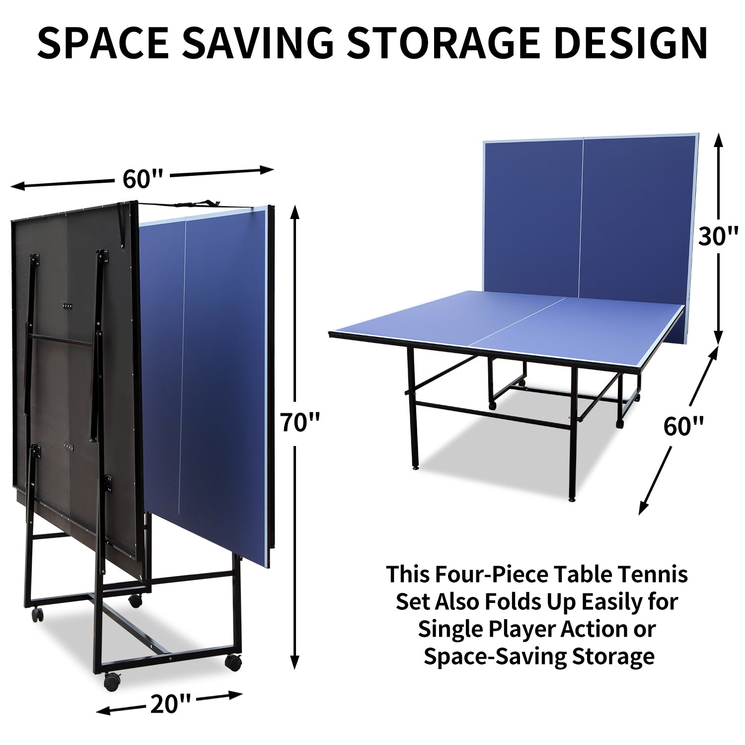 9Ft Mid Size Table Tennis Table Foldable & Portable Ping Pong Table Set For Indoor Games With Net, 2 Table Tennis Paddles And 3 Balls Blue Mdf