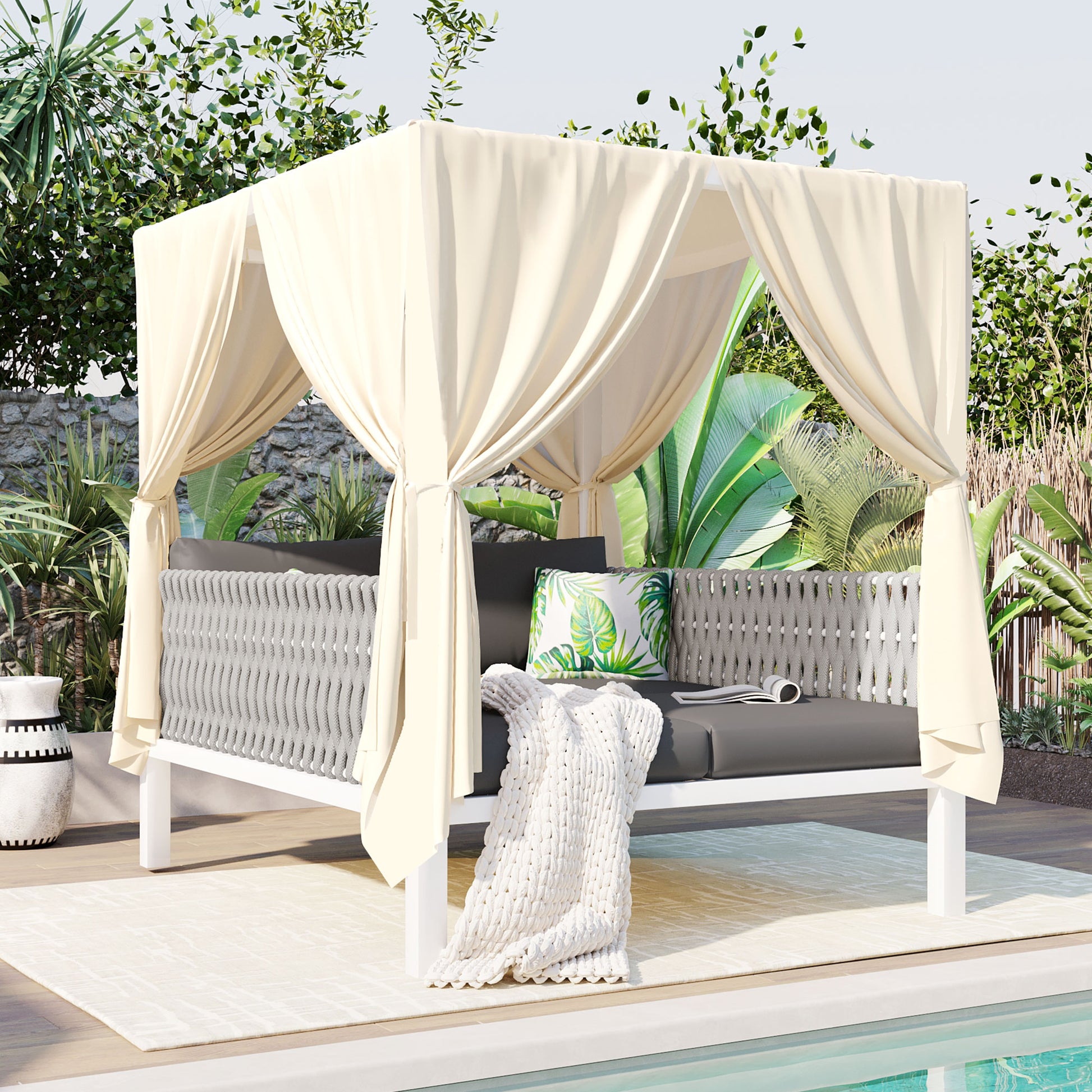 Outdoor Patio Sunbed With Curtains, High Comfort, Suitable For Multiple Scenarios Gray Beige Woven Rope