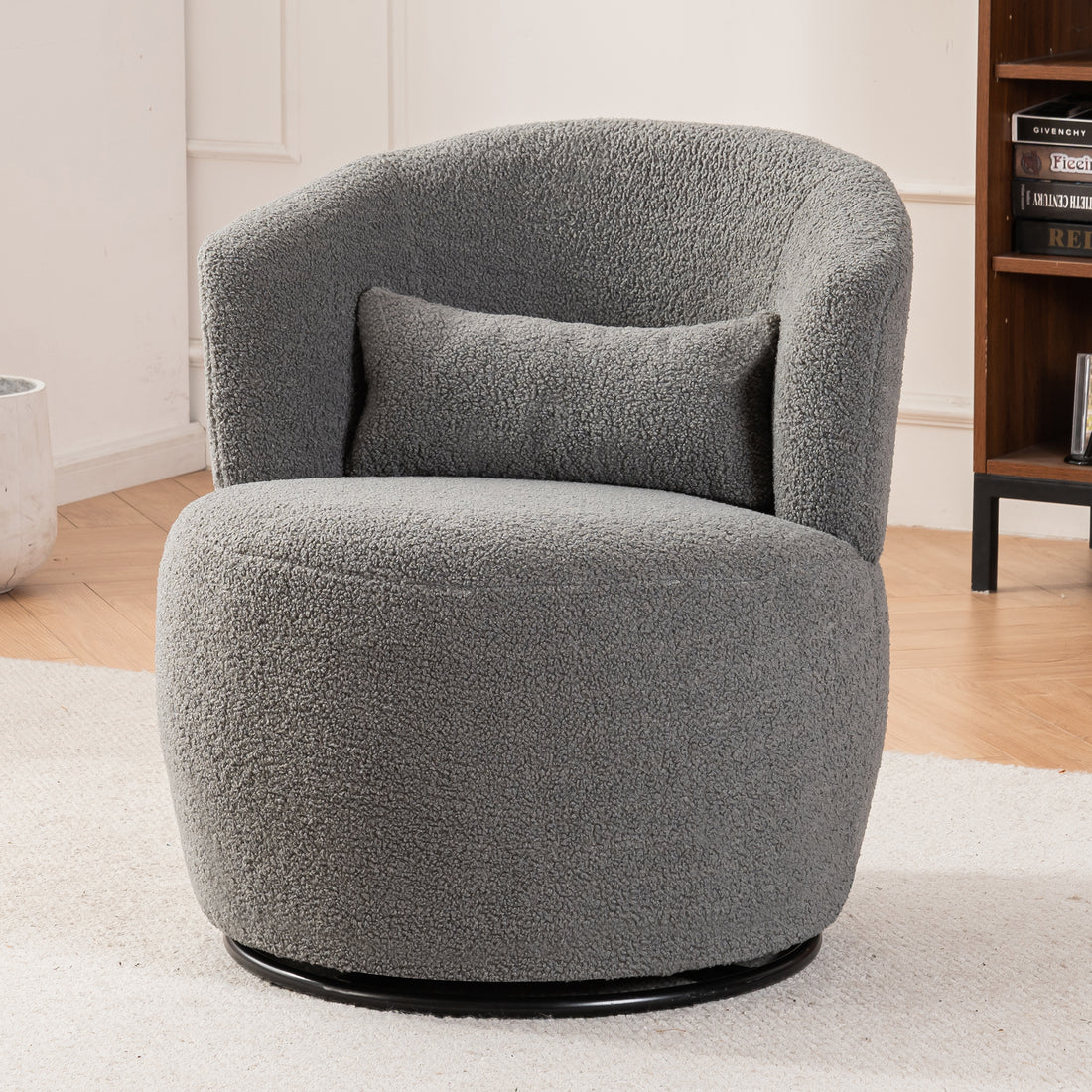 Grey Plush Swivel Accent Chair Contemporary Round Armchair With 360 Rotation And Metal Base For Living Room Elegance Grey Teddy