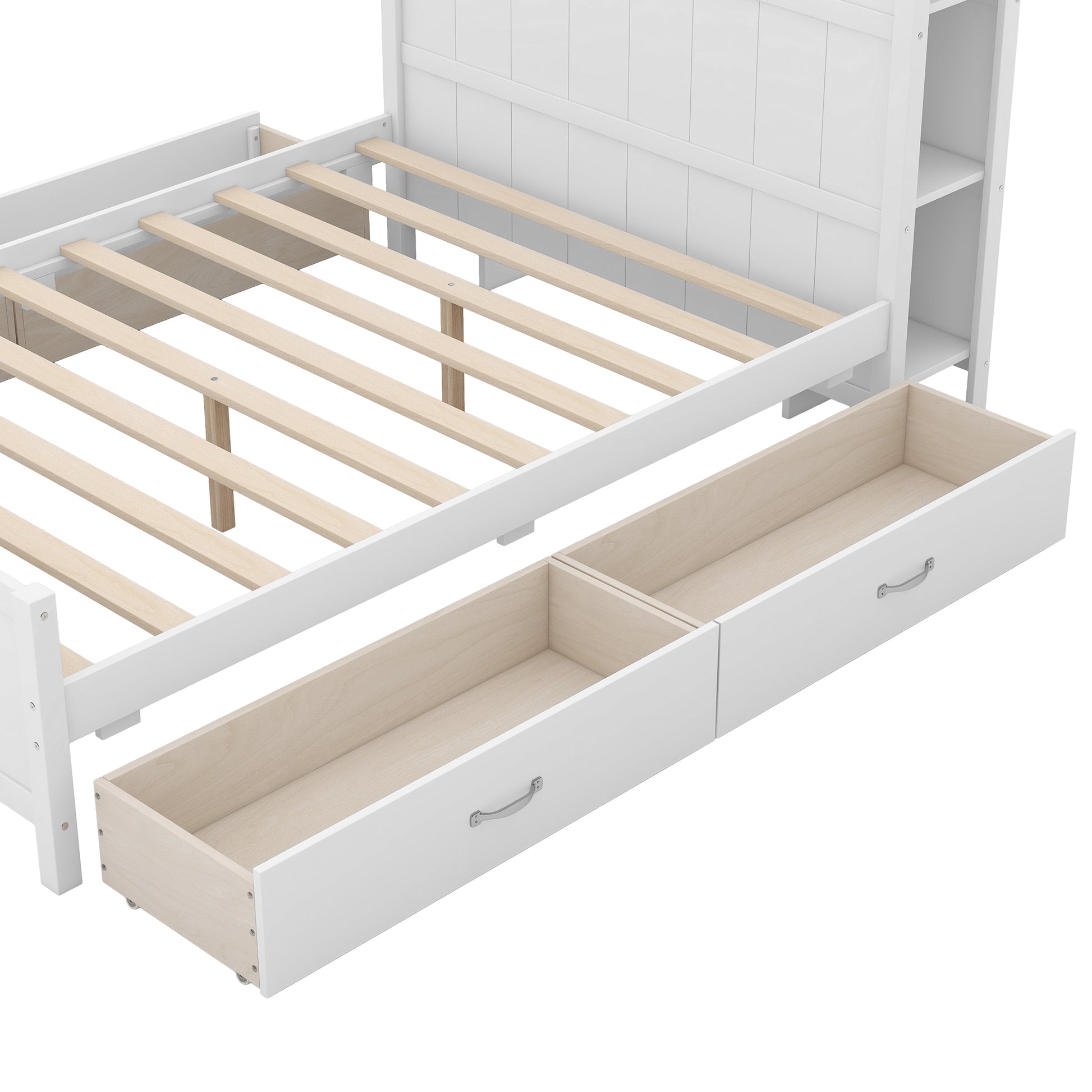 Full Size Platform Bed With Drawers And Storage Shelves, White Antique White Solid Wood Mdf