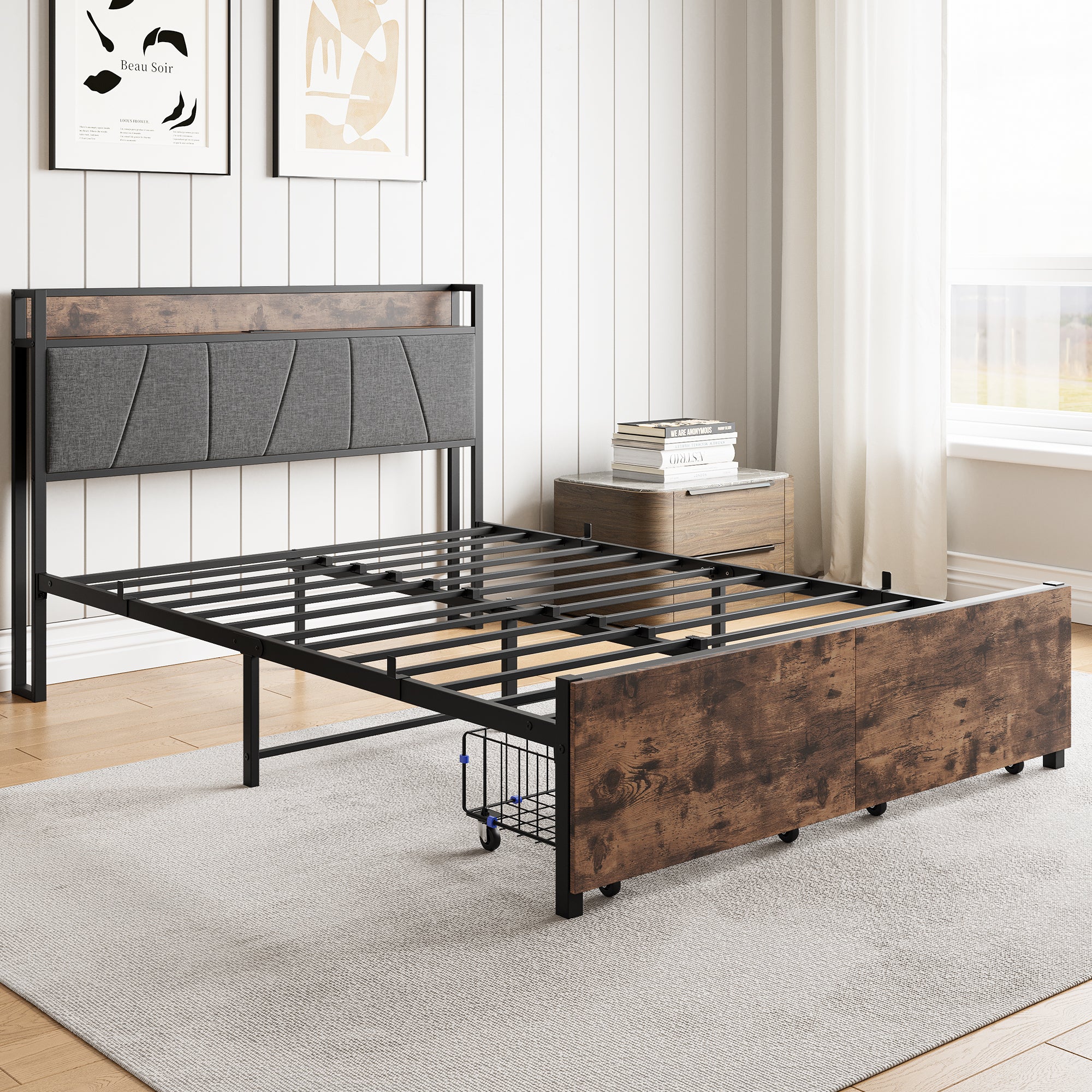 Full Size Bed Frame, Storage Headboard with Charging box spring not
