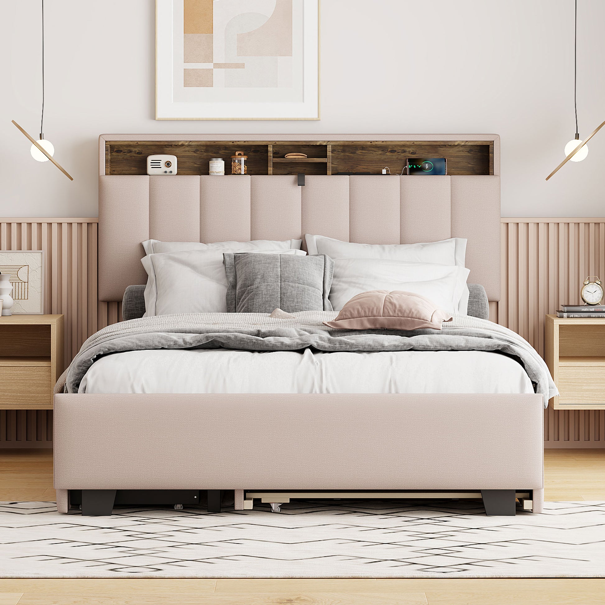 Full Size Upholstered Platform Bed With Storage Headboard, Twin Size Trundle & 2 Drawers And A Set Of Sockets & Usb Ports, Linen Fabric, Beige Beige Linen