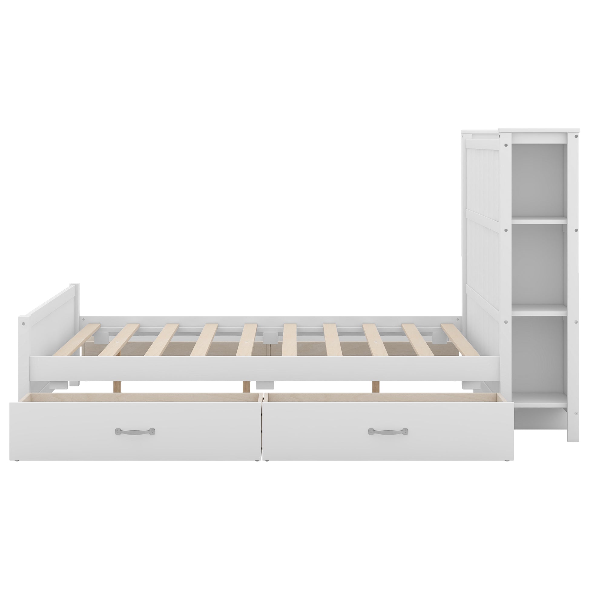 Full Size Platform Bed With Drawers And Storage Shelves, White Antique White Solid Wood Mdf
