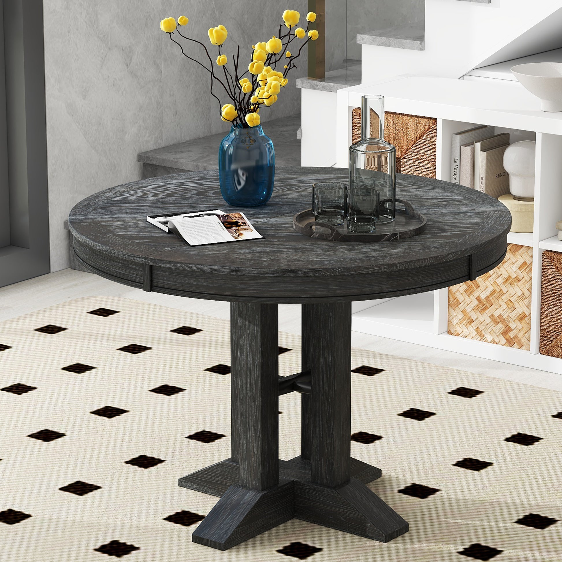 Farmhouse Dining Table Extendable Round Table For Kitchen, Dining Room Black Black Solid Wood Mdf