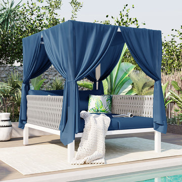 Outdoor Patio Sunbed With Curtains, High Comfort, Suitable For Multiple Scenarios Blue Woven Rope